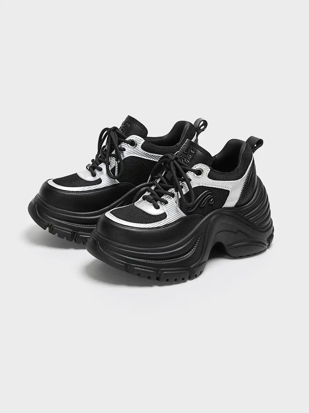 FYSPR | Black & Silver Chunky Platform Sneakers with Wave Sole