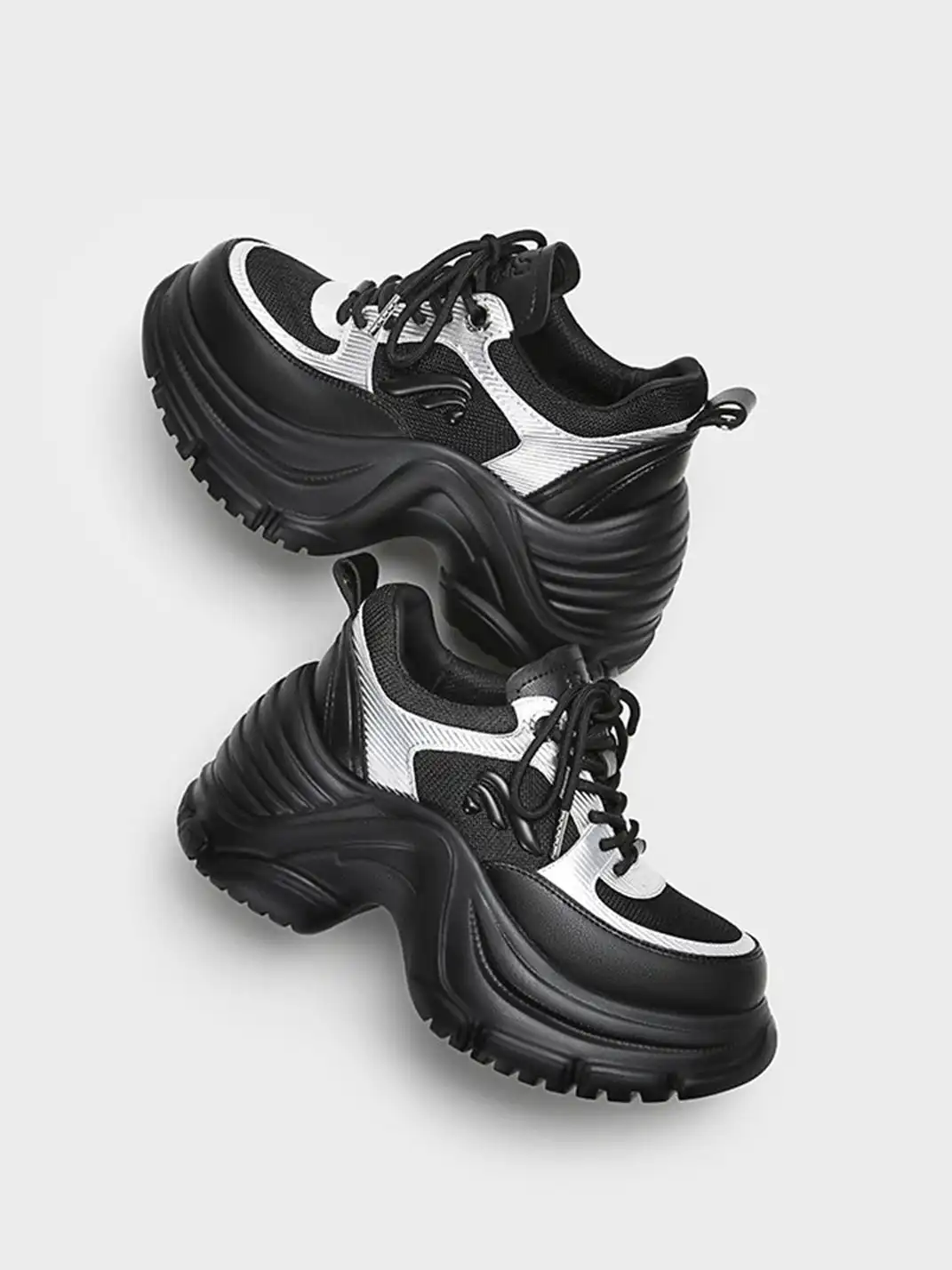 FYSPR | Black & Silver Chunky Platform Sneakers with Wave Sole