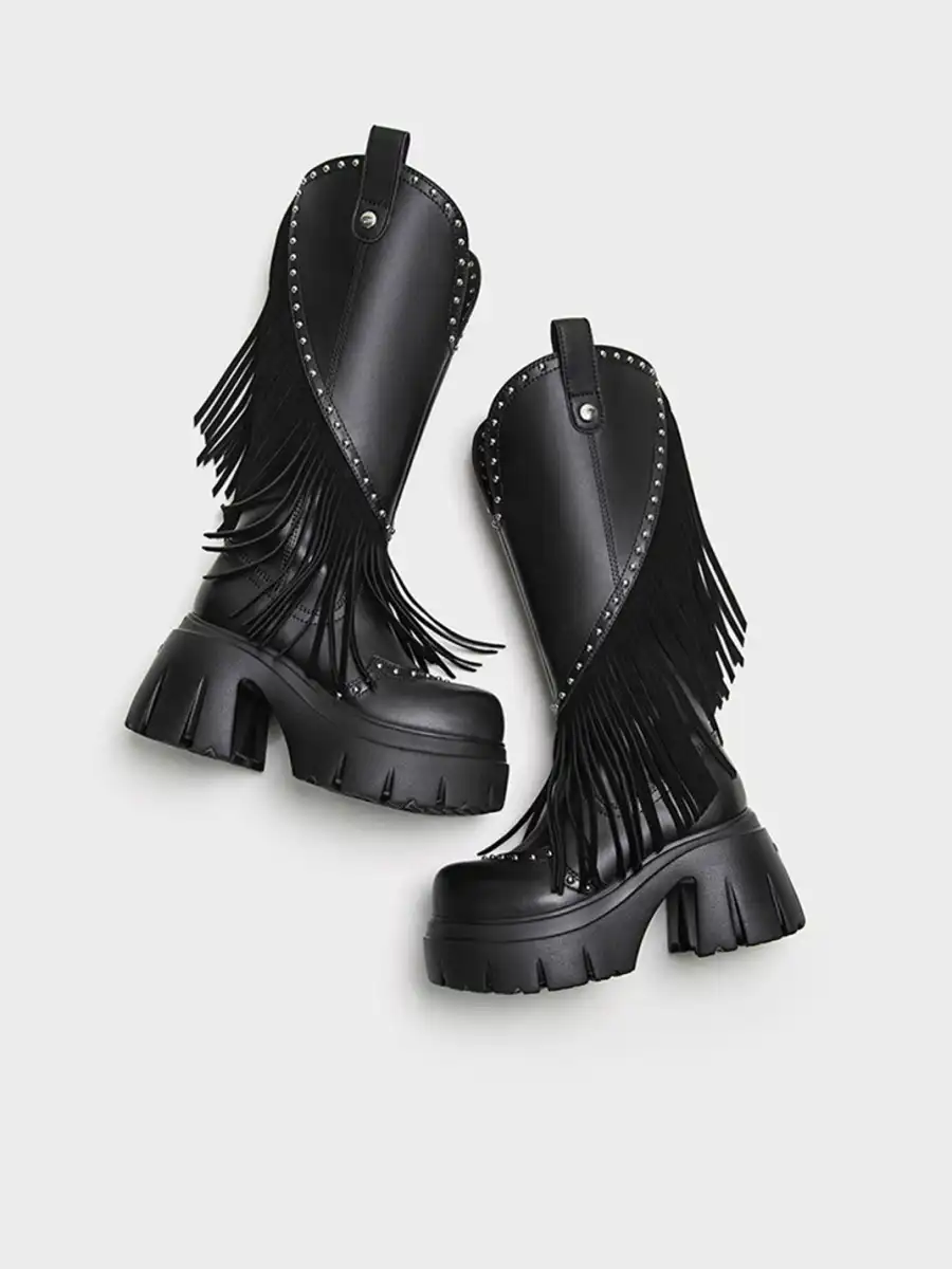 FYSPR | Tassel Studded Western Boots-Black - 4