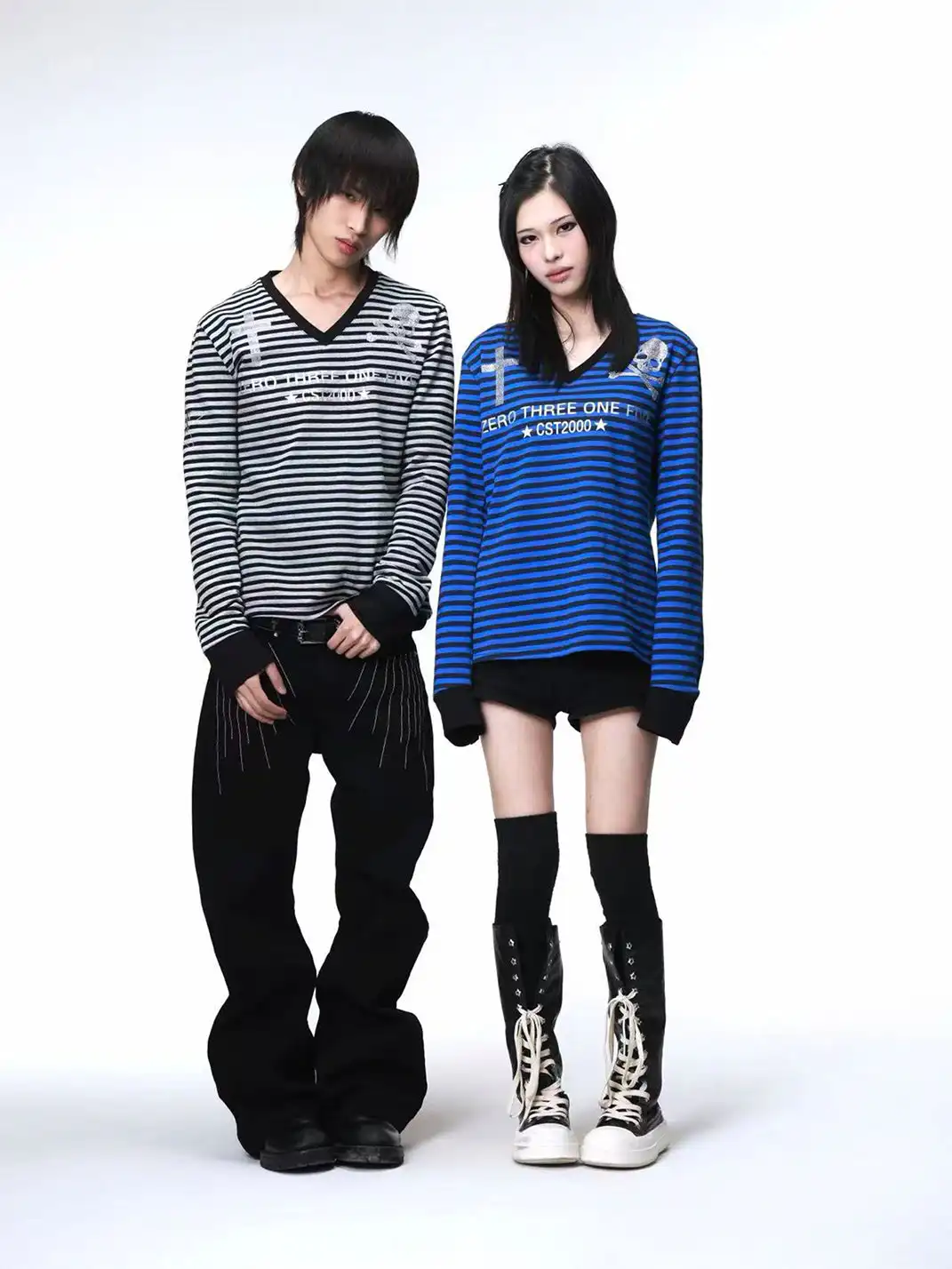 DETW | Striped V-Neck Skull Rhinestone Long-Sleeved Top