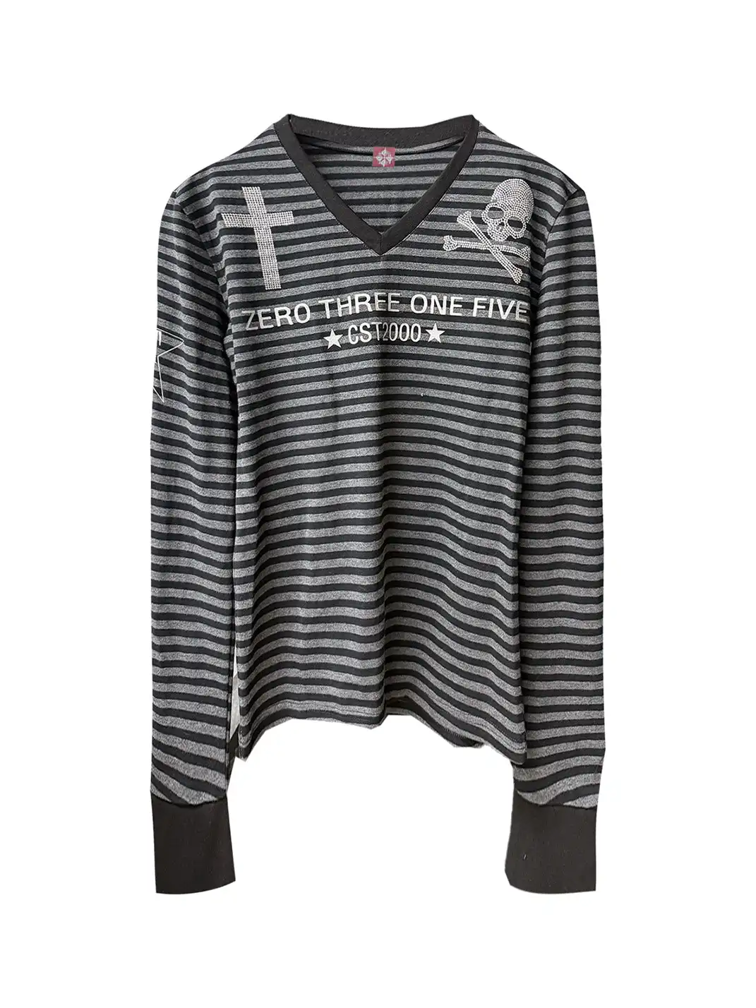 DETW | Striped V-Neck Skull Rhinestone Long-Sleeved Top