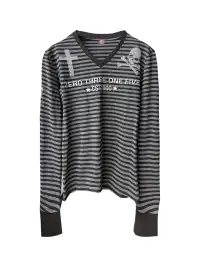 DETW | Striped V-Neck Skull Rhinestone Long-Sleeved Top