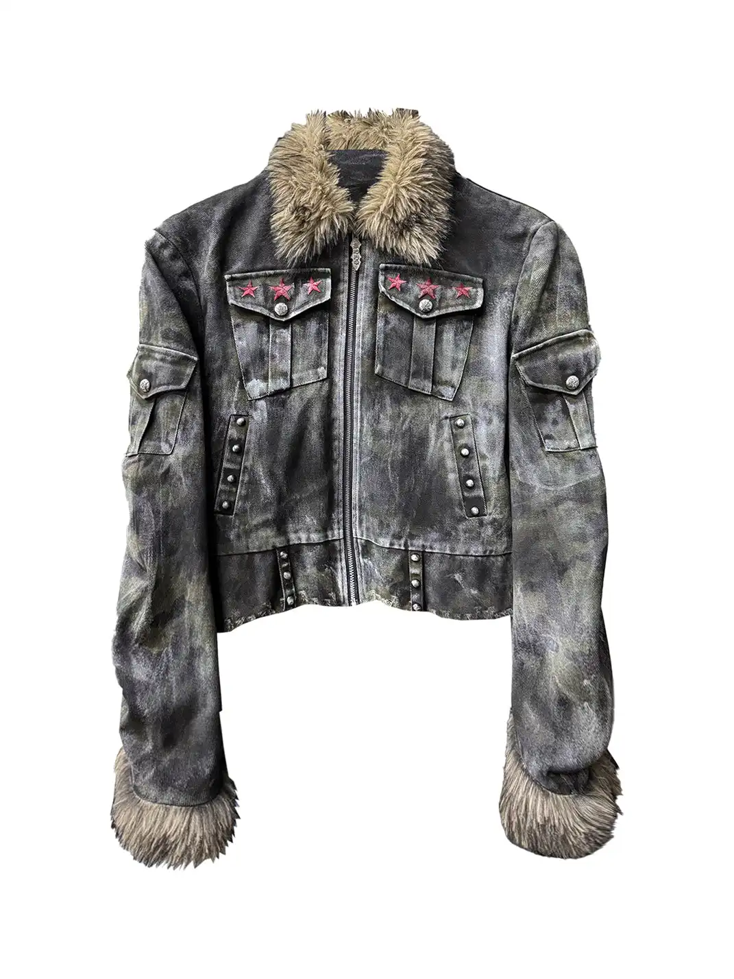 DETW | Irregular Distressed Studded Fur Collar Jacket