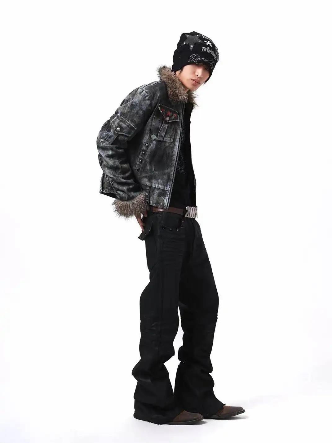 DETW | Irregular Distressed Studded Fur Collar Jacket