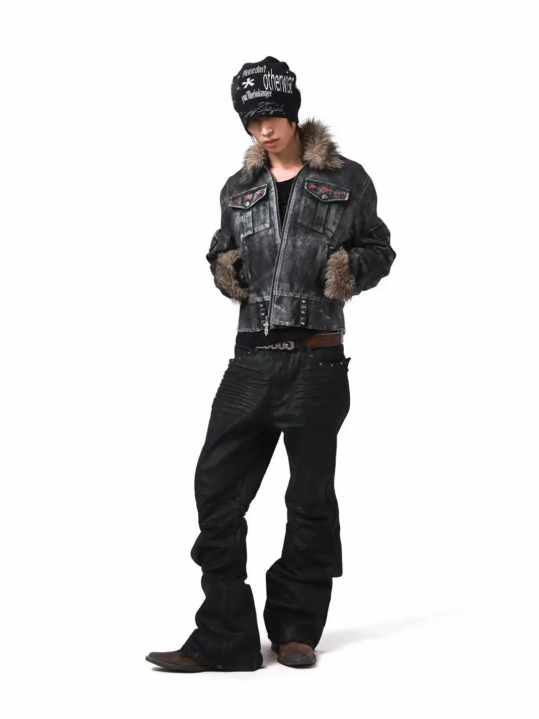 DETW | Irregular Distressed Studded Fur Collar Jacket