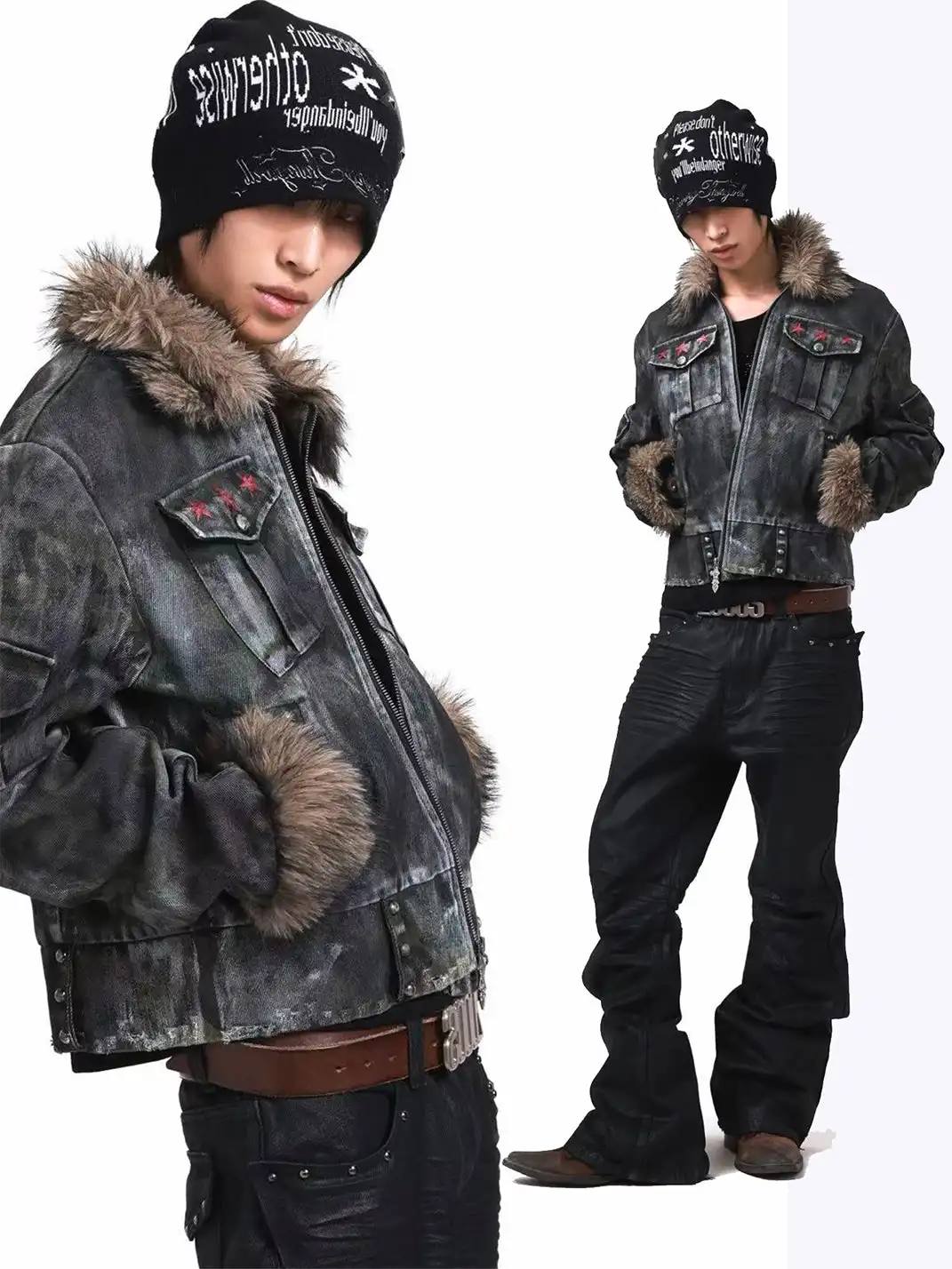 DETW | Irregular Distressed Studded Fur Collar Jacket