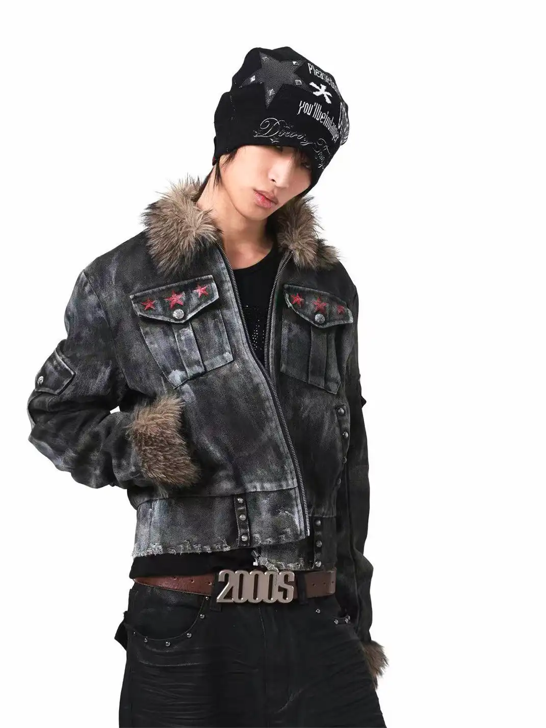 DETW | Irregular Distressed Studded Fur Collar Jacket