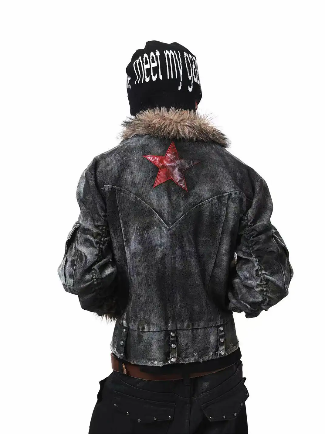 DETW | Irregular Distressed Studded Fur Collar Jacket
