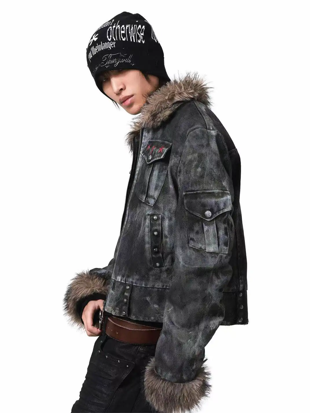 DETW | Irregular Distressed Studded Fur Collar Jacket