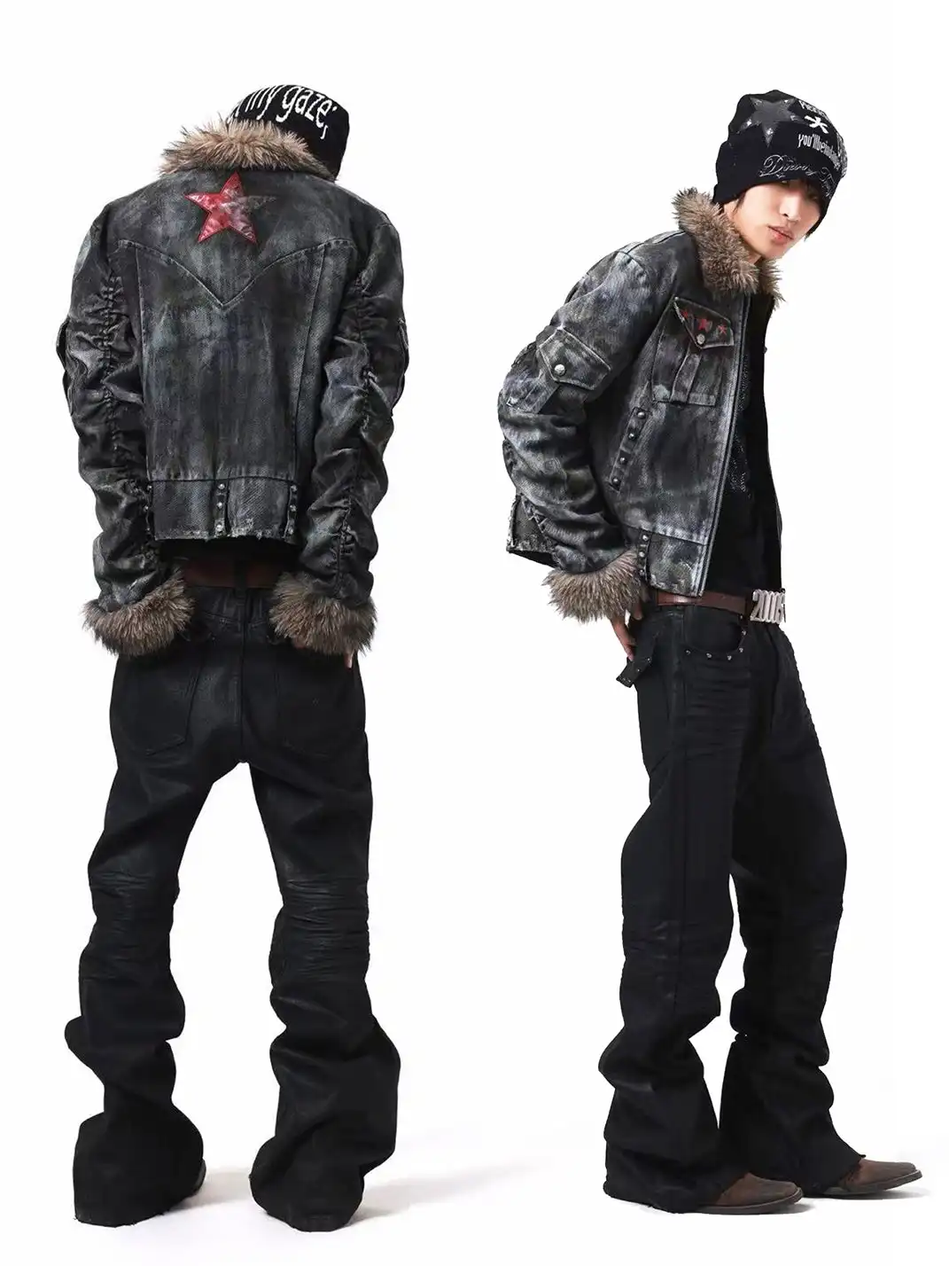 DETW | Irregular Distressed Studded Fur Collar Jacket