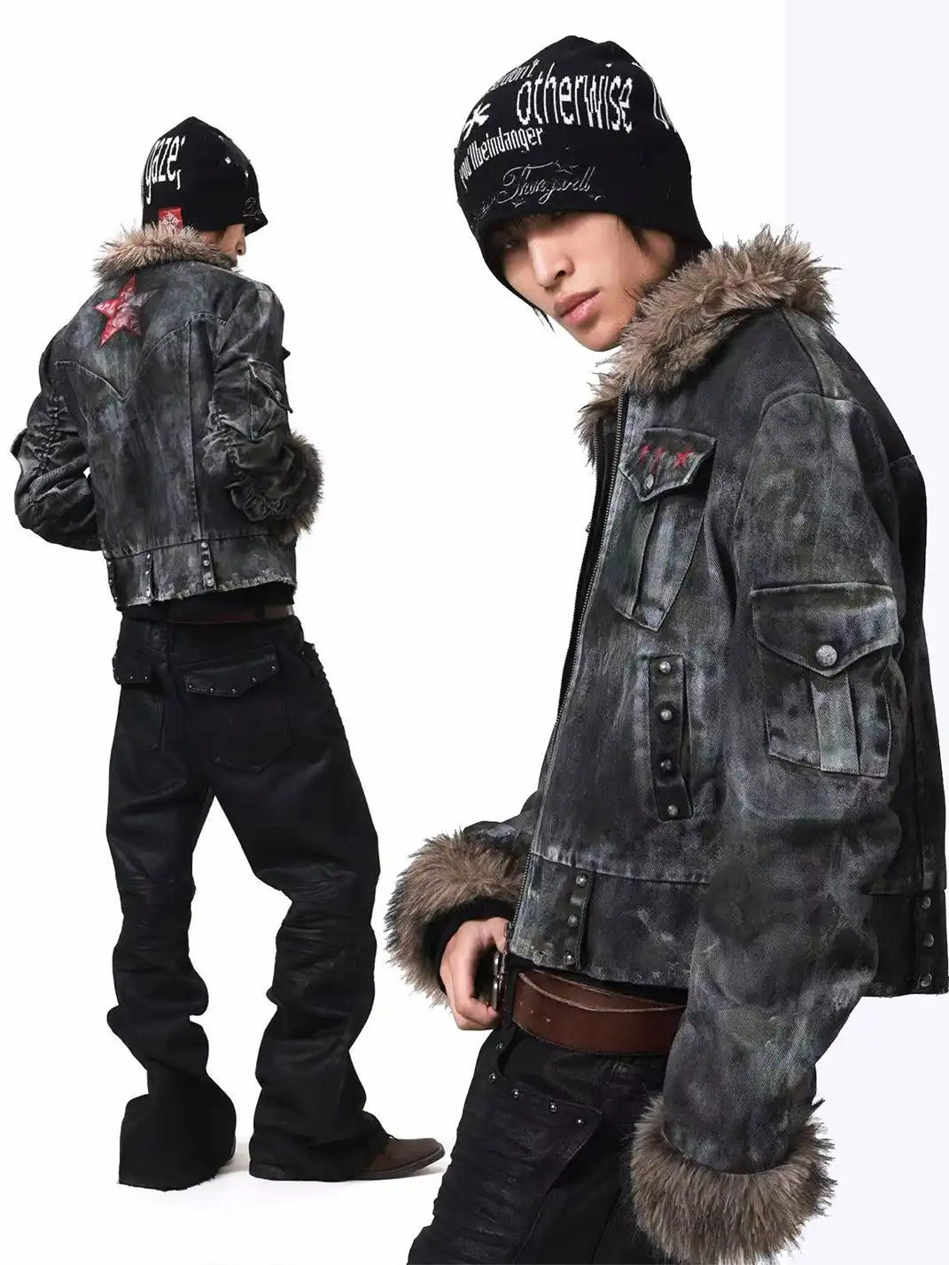 DETW | Irregular Distressed Studded Fur Collar Jacket