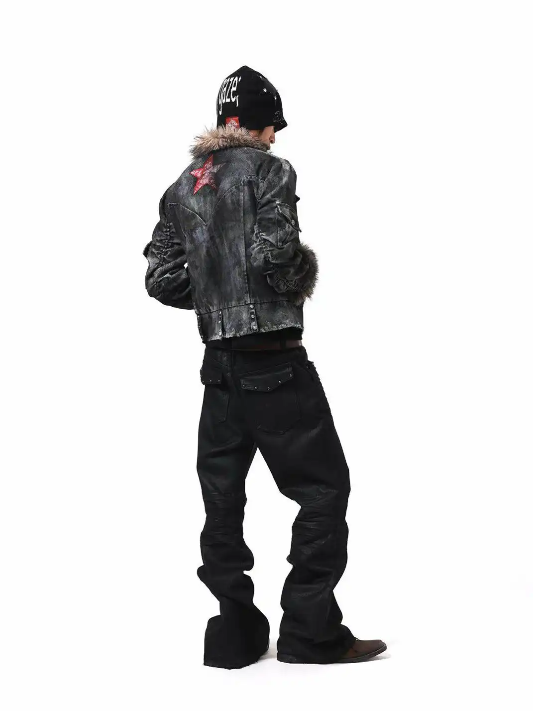 DETW | Irregular Distressed Studded Fur Collar Jacket