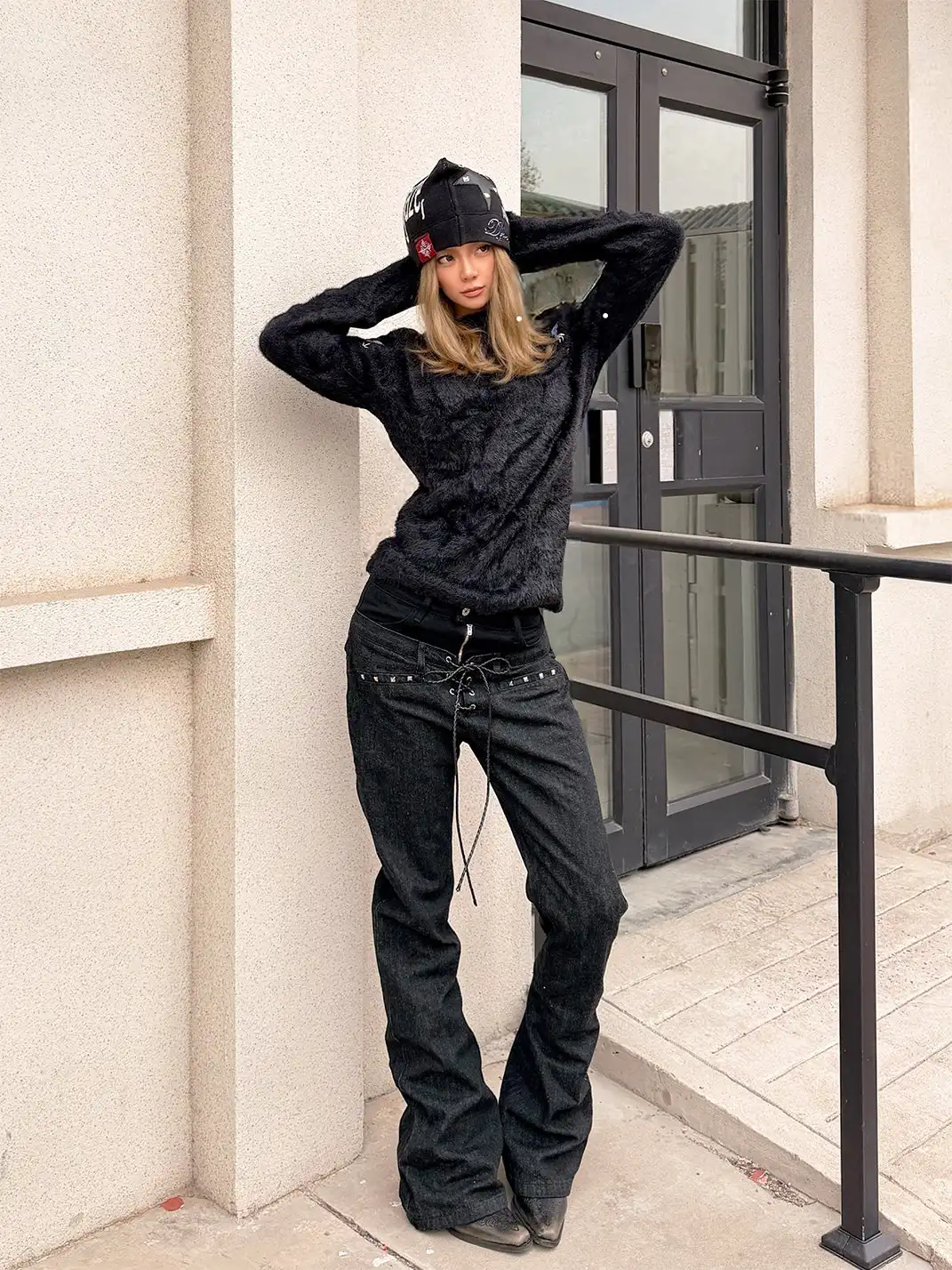 DETW | Double-Waisted Drawstring Zipper Studded Jeans
