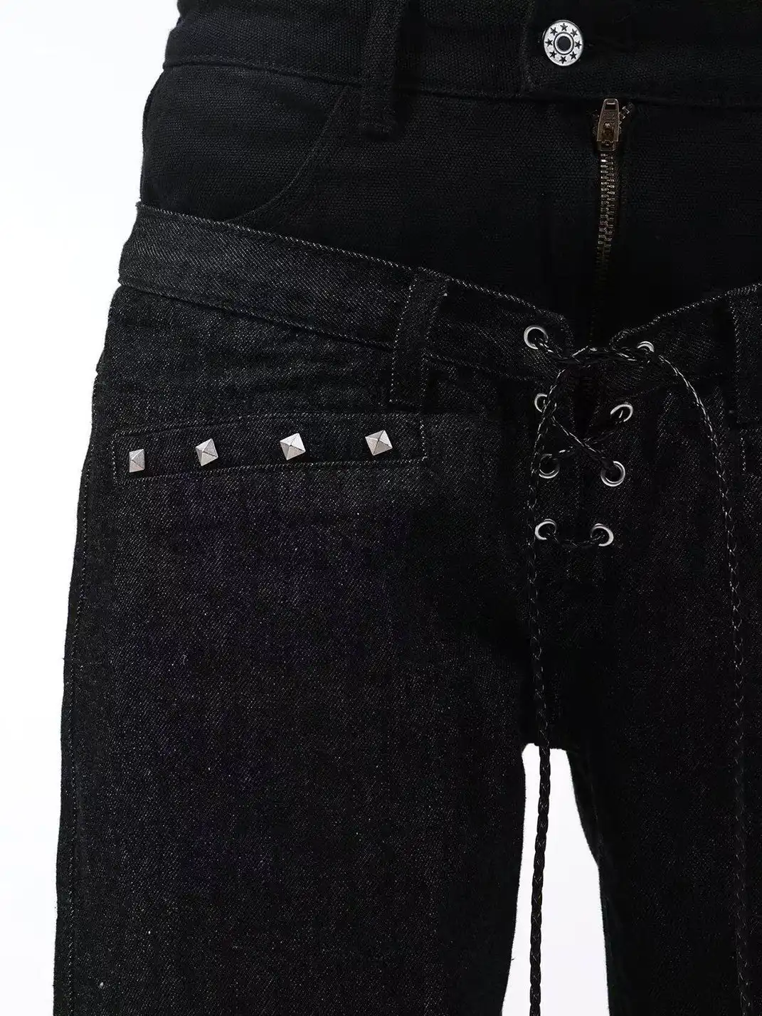 DETW | Double-Waisted Drawstring Zipper Studded Jeans