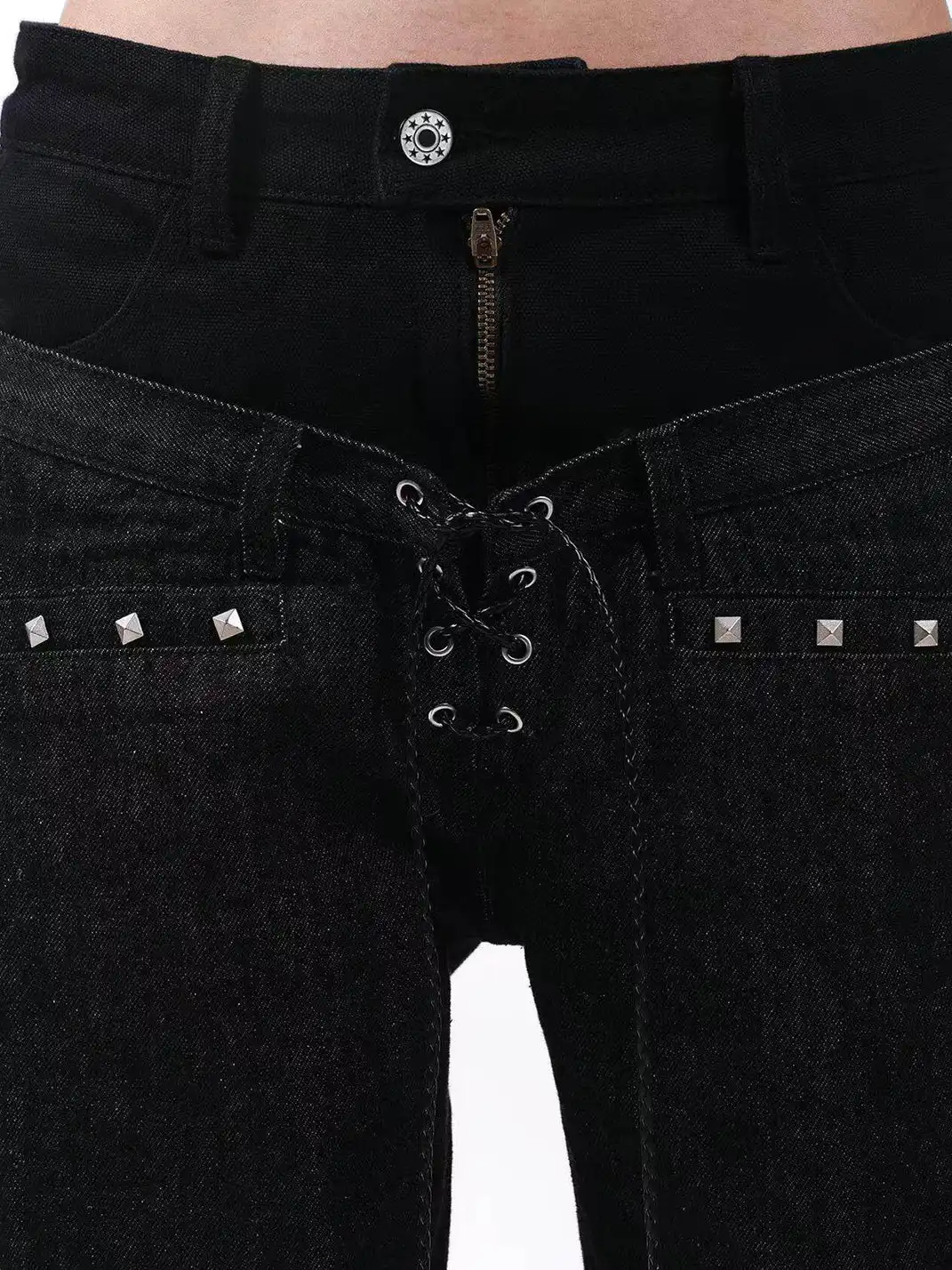 DETW | Double-Waisted Drawstring Zipper Studded Jeans