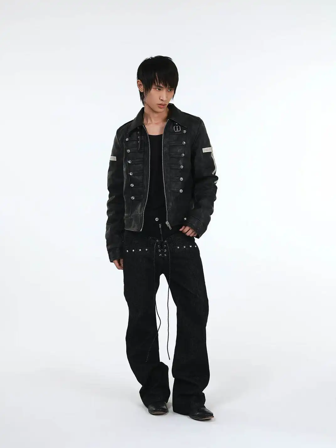 DETW | Double-Waisted Drawstring Zipper Studded Jeans