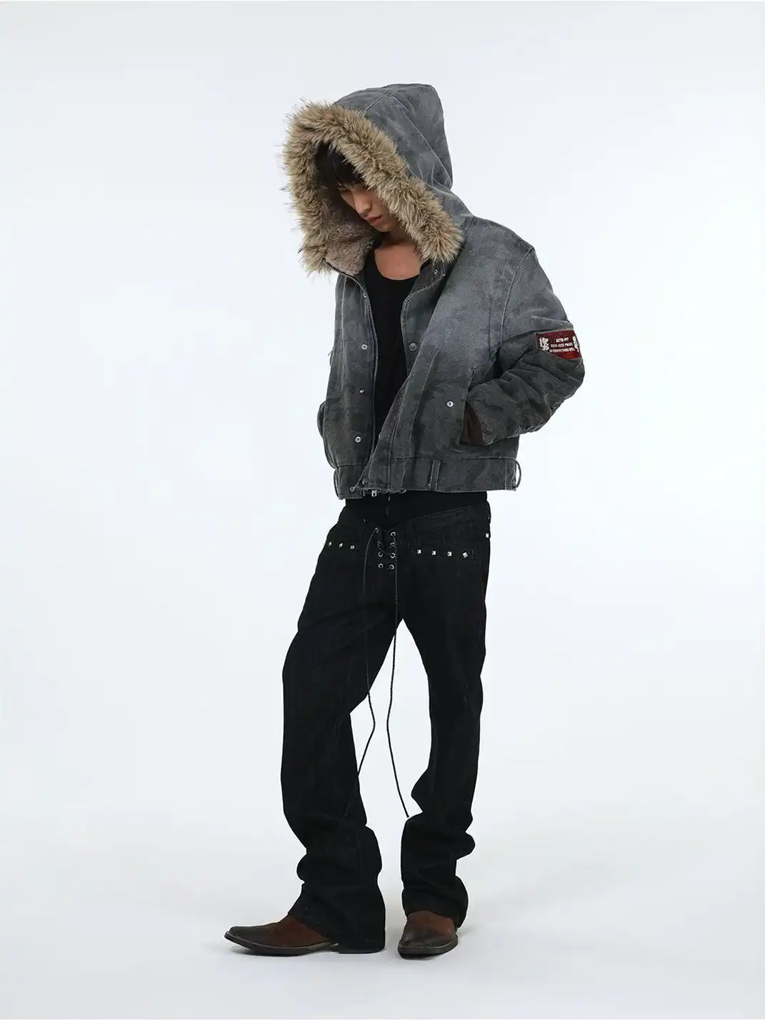 DETW | Double-Waisted Drawstring Zipper Studded Jeans