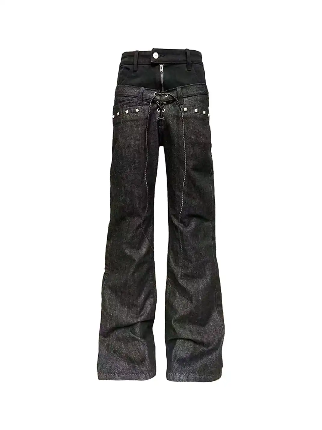 DETW | Double-Waisted Drawstring Zipper Studded Jeans