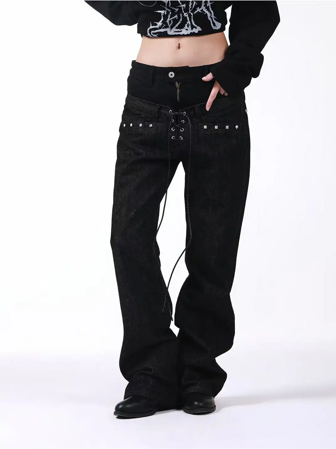 DETW | Double-Waisted Drawstring Zipper Studded Jeans