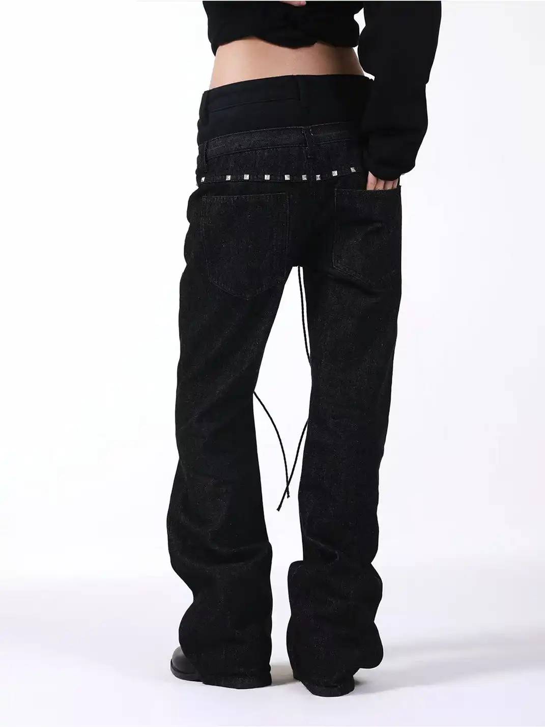DETW | Double-Waisted Drawstring Zipper Studded Jeans