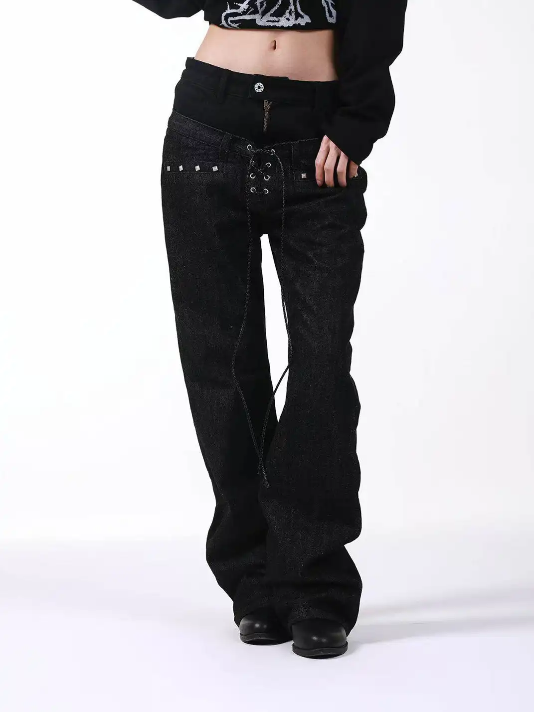 DETW | Double-Waisted Drawstring Zipper Studded Jeans