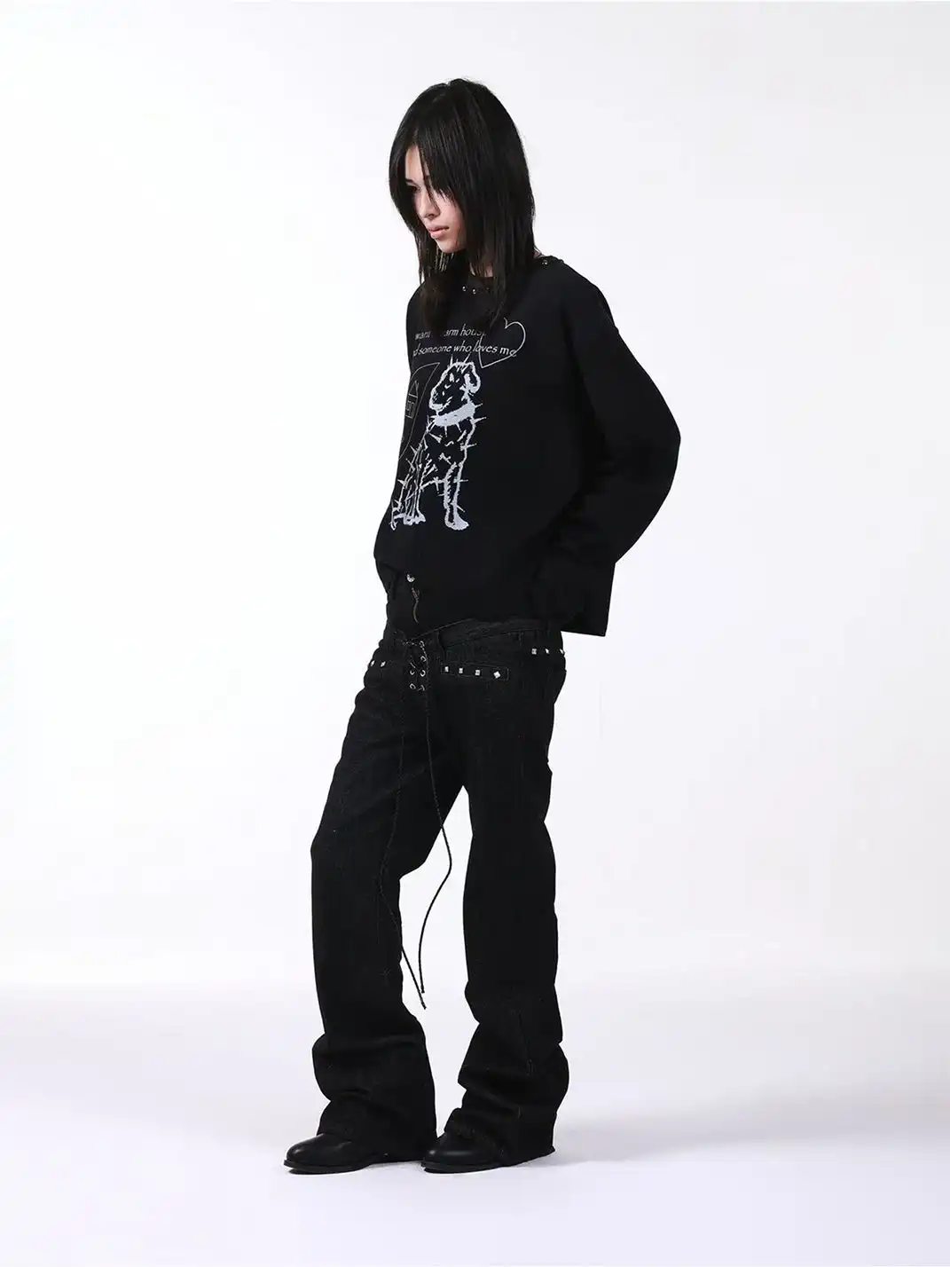 DETW | Double-Waisted Drawstring Zipper Studded Jeans