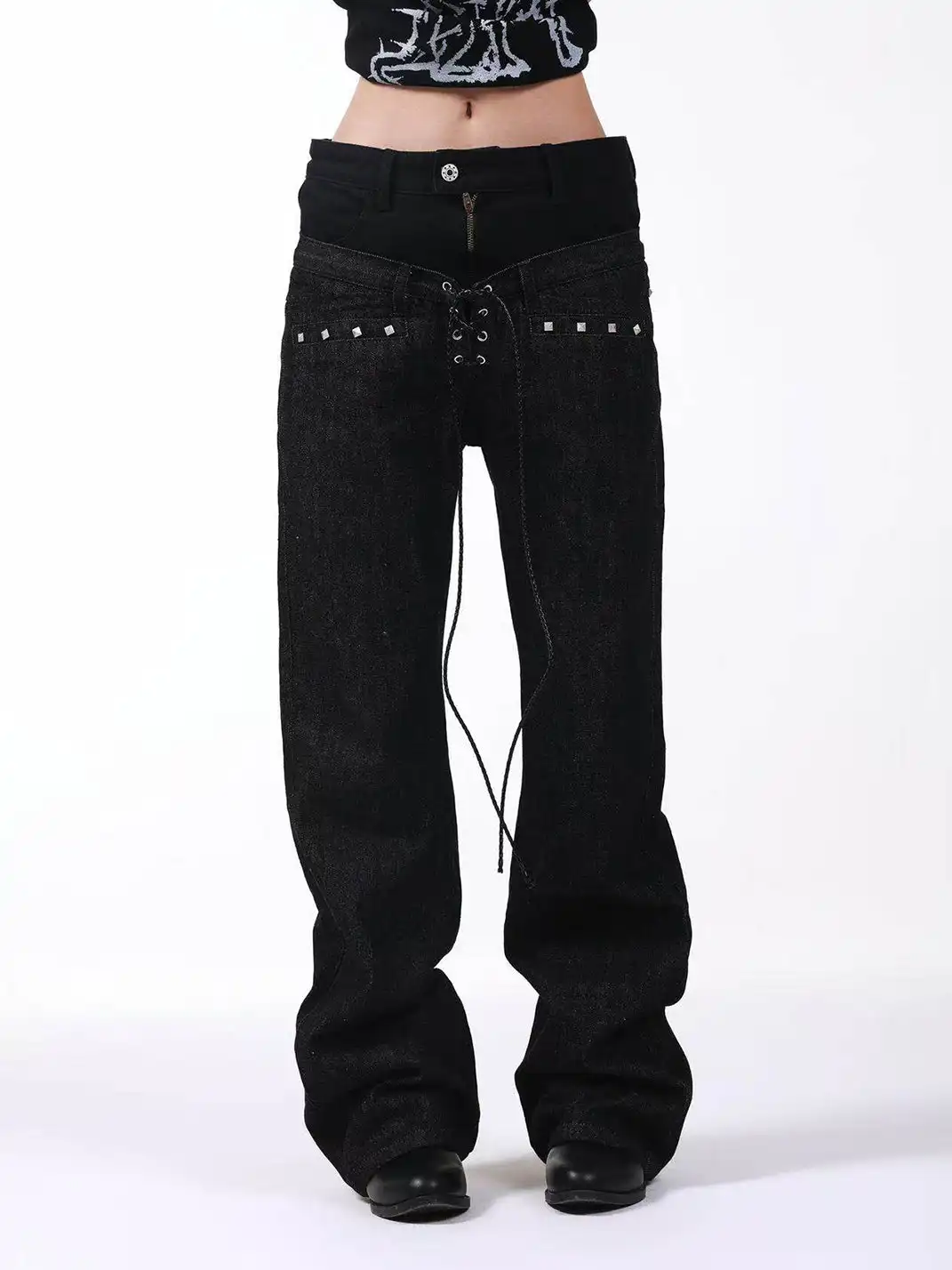 DETW | Double-Waisted Drawstring Zipper Studded Jeans