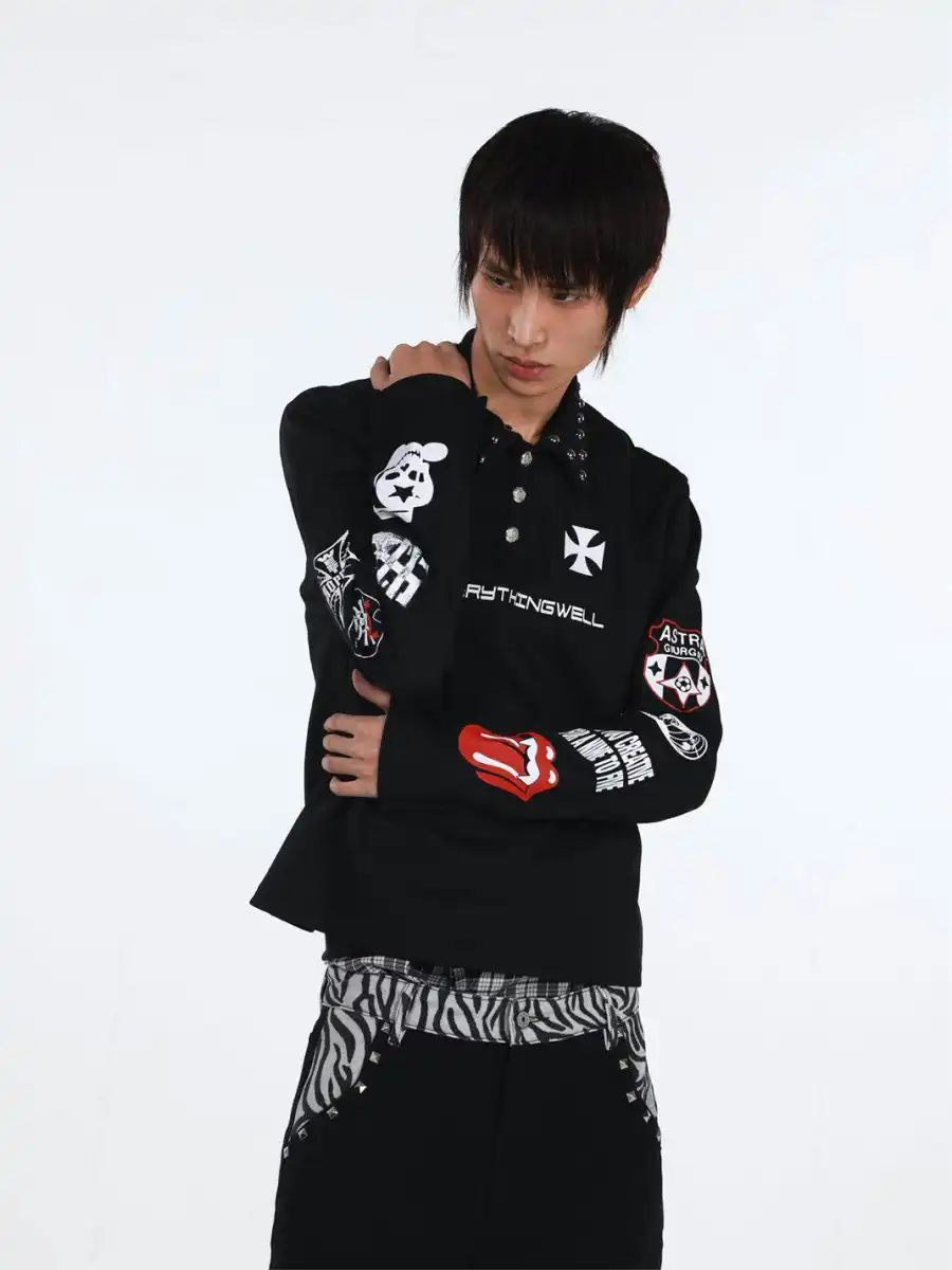 DETW | Retro Print Studded Long-Sleeve Polo Shirt - 4