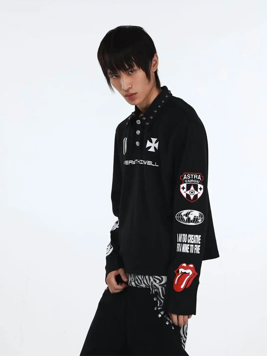 DETW | Retro Print Studded Long-Sleeve Polo Shirt