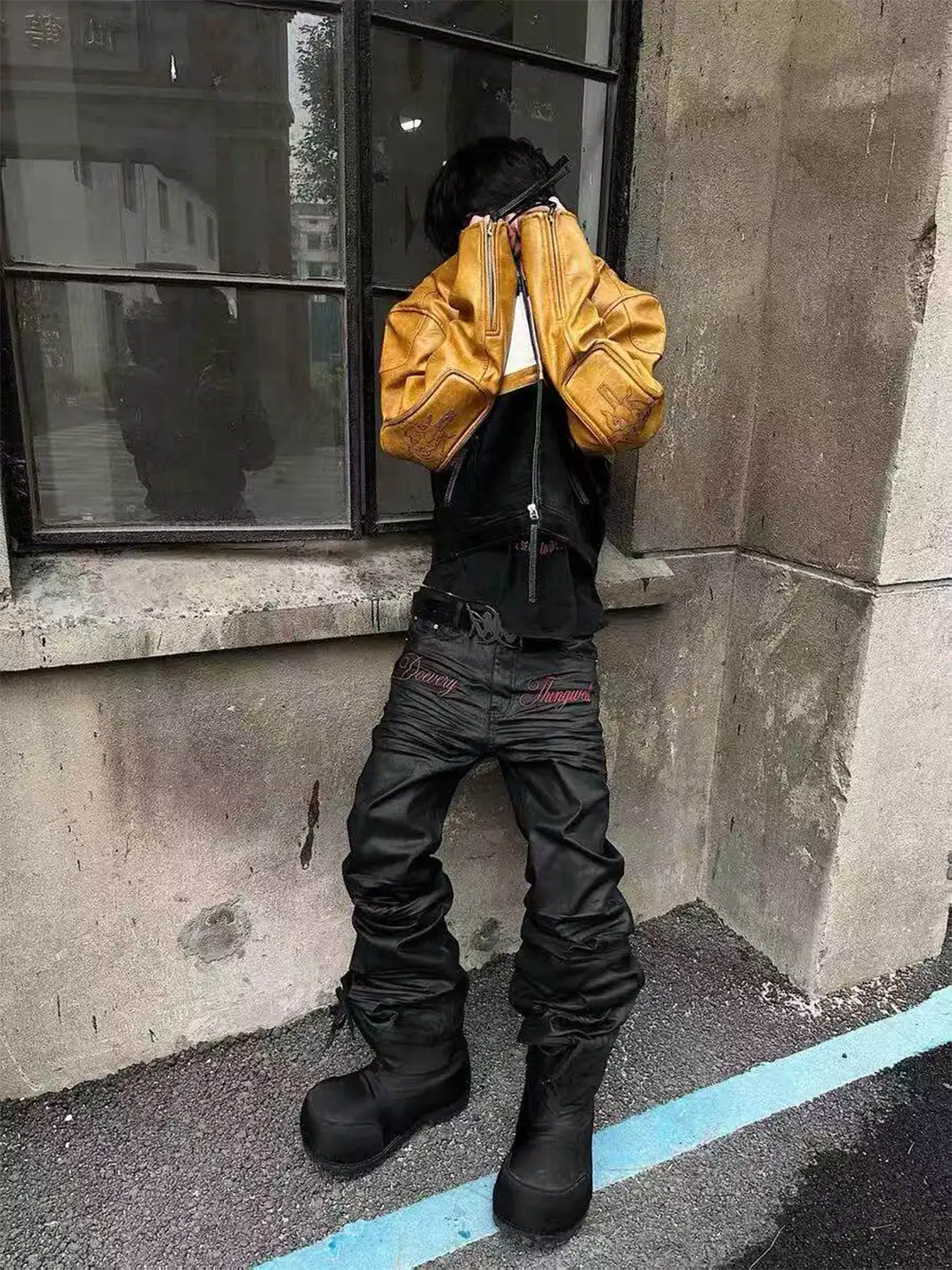 DETW | Waxed 3D Pleated Coated Flared Jeans