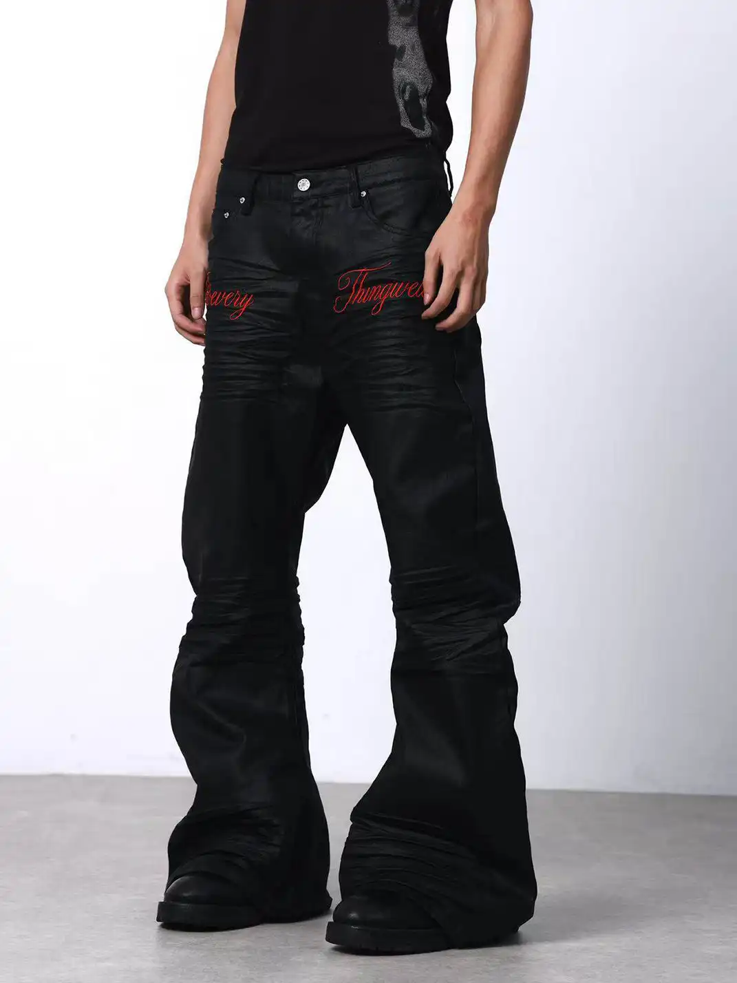 DETW | Waxed 3D Pleated Coated Flared Jeans