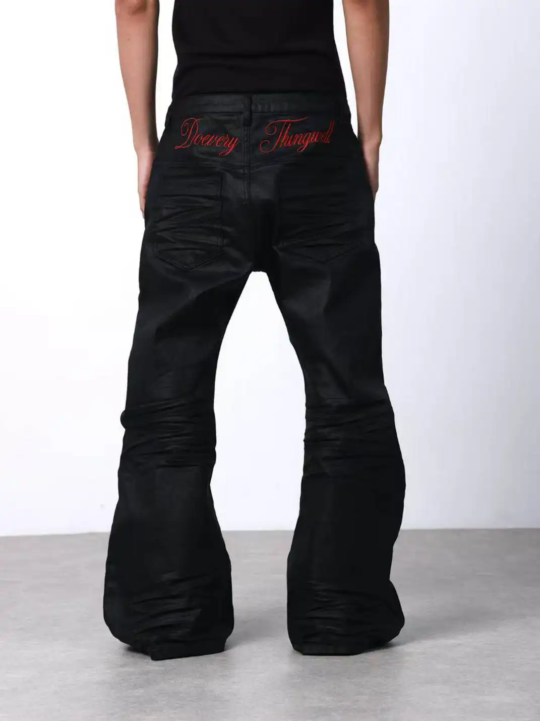 DETW | Waxed 3D Pleated Coated Flared Jeans