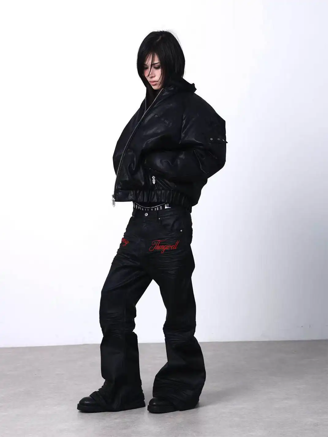 DETW | Waxed 3D Pleated Coated Flared Jeans
