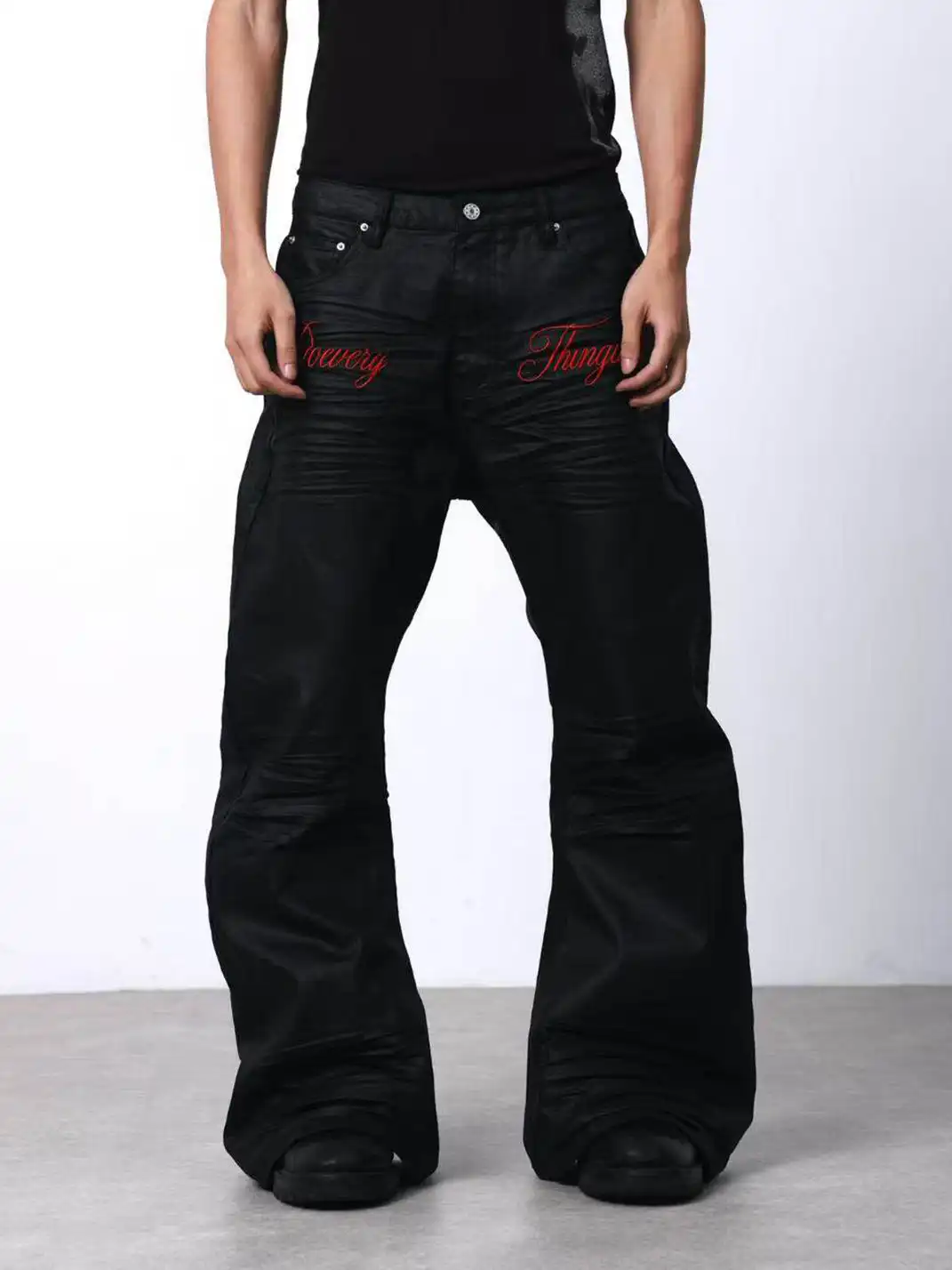 DETW | Waxed 3D Pleated Coated Flared Jeans