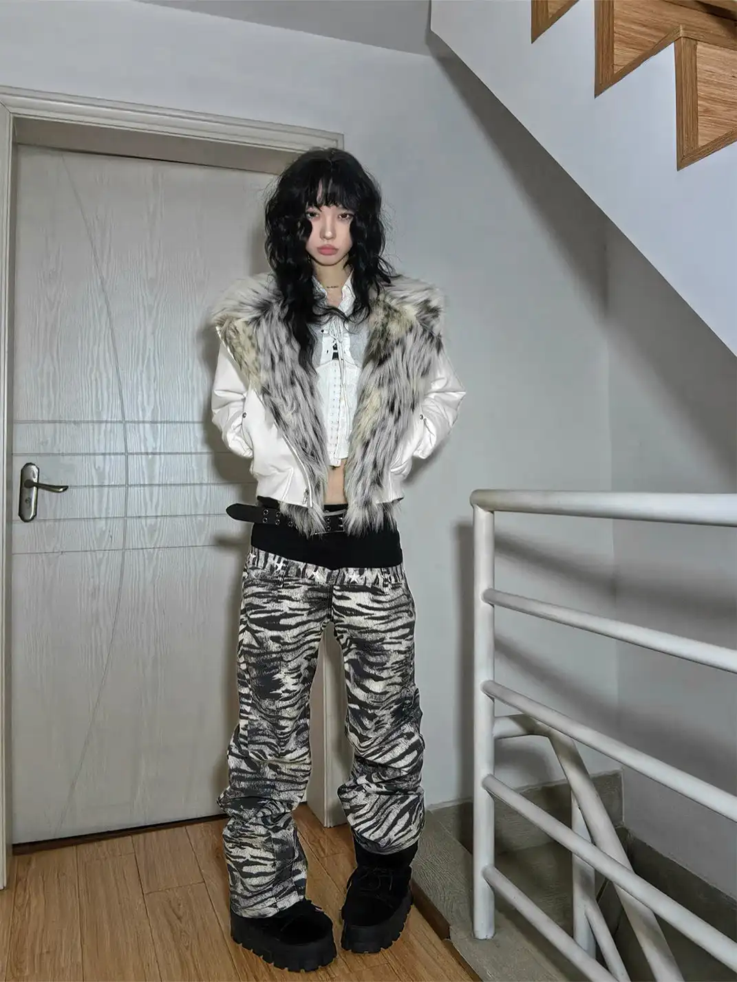 DETW | Zebra-Print Slanted Waist Jeans