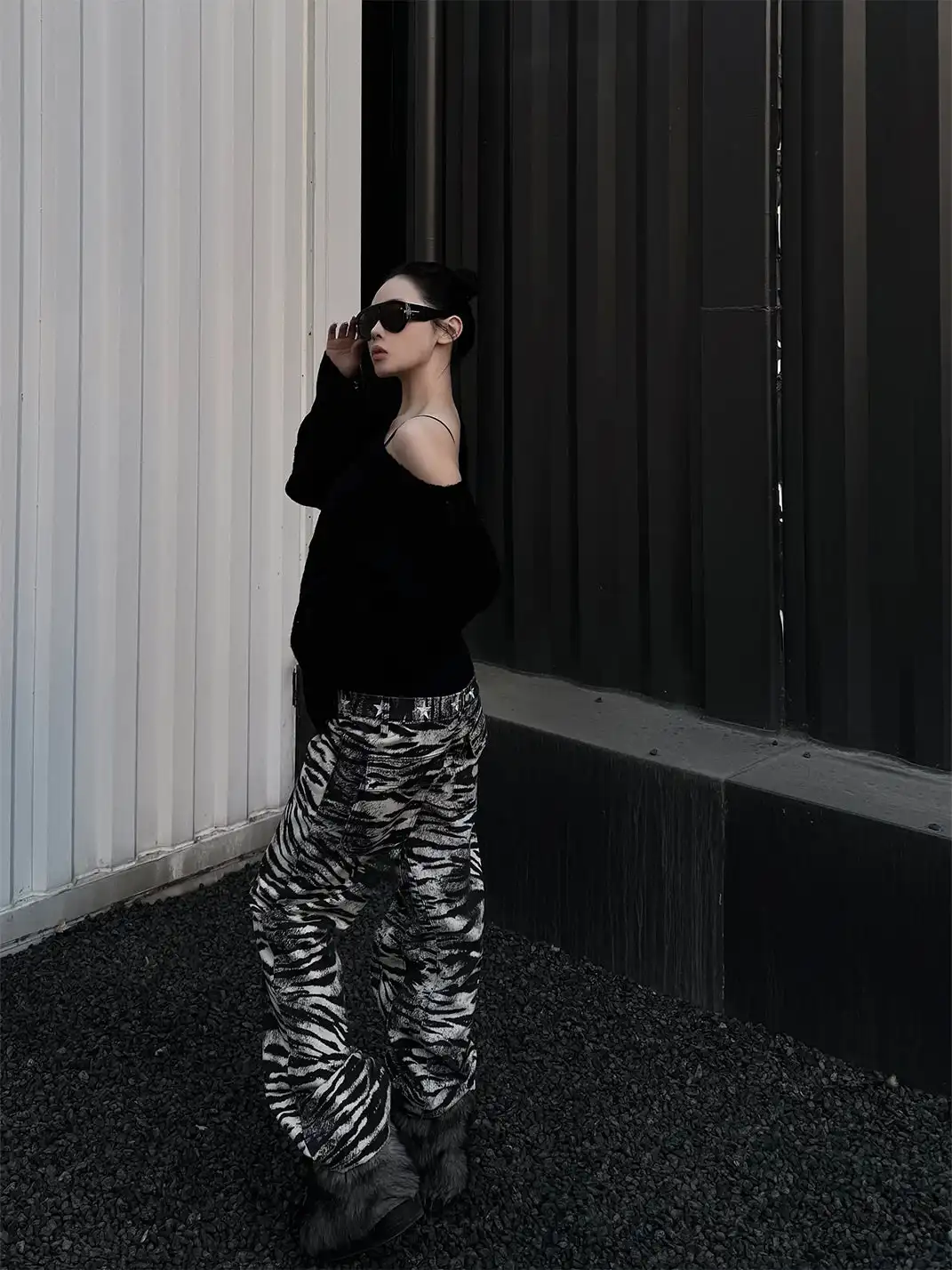 DETW | Zebra-Print Slanted Waist Jeans