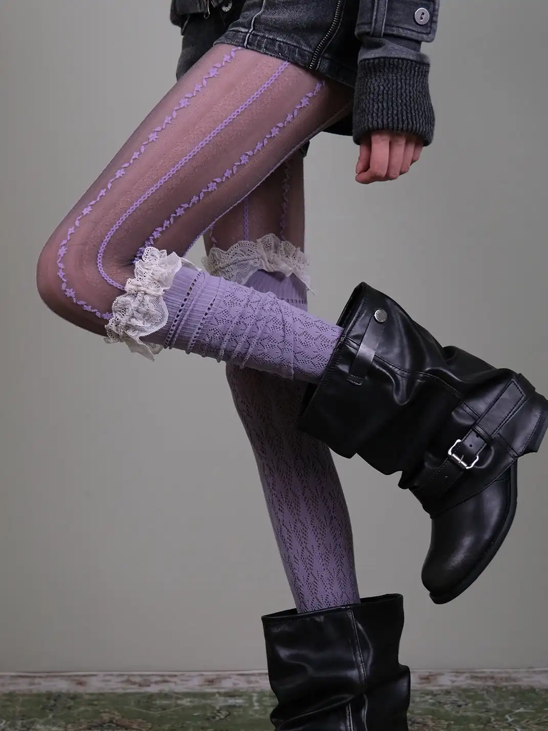XILING | Grayish Purple Tights + Calf Socks Set
