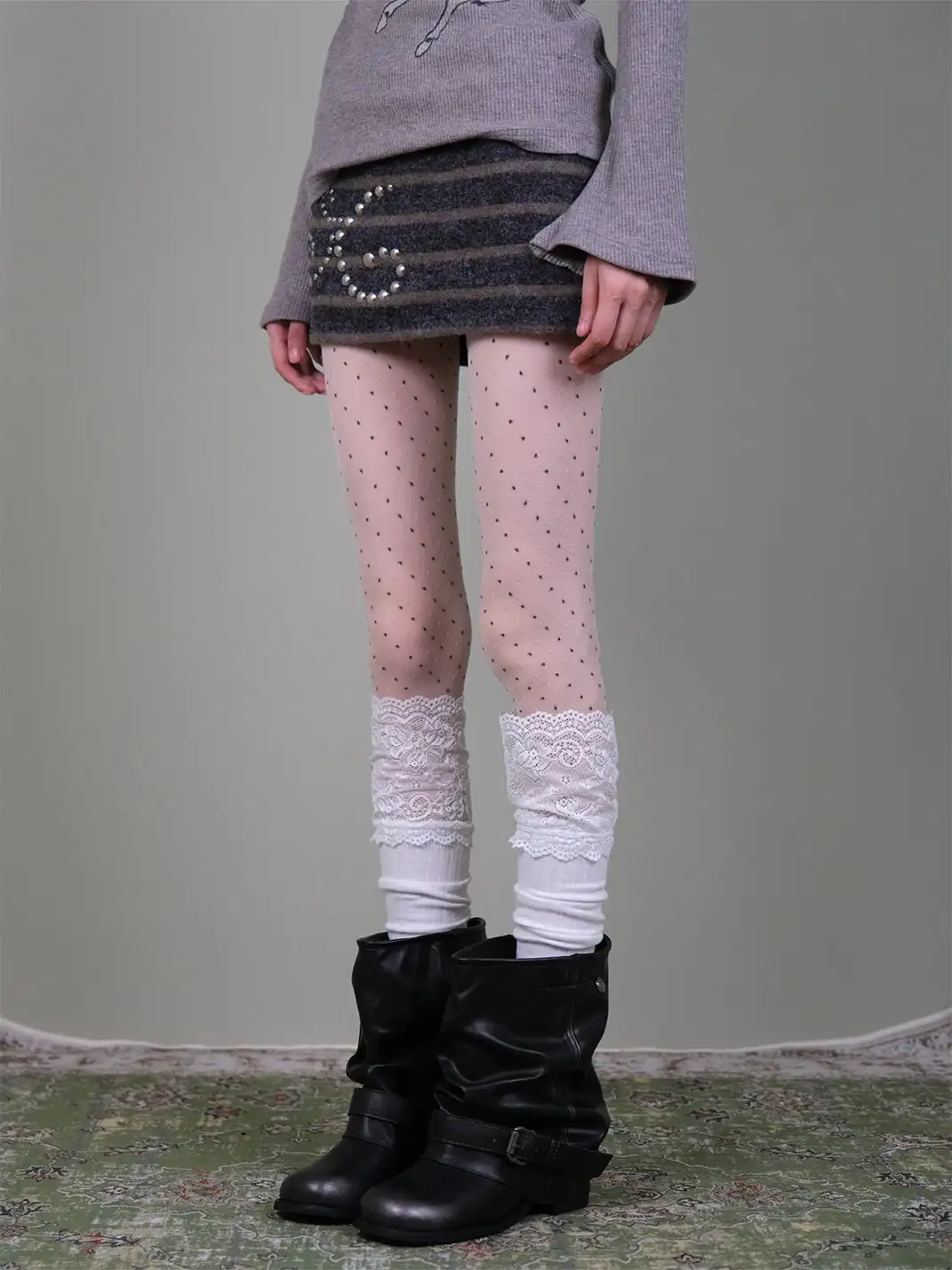 XILING | Polka Dot Stockings With Lace Combo Set