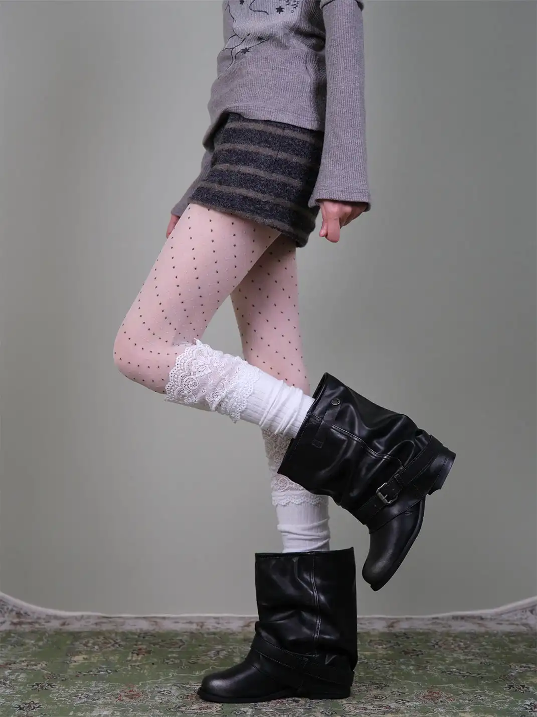 XILING | Polka Dot Stockings With Lace Combo Set