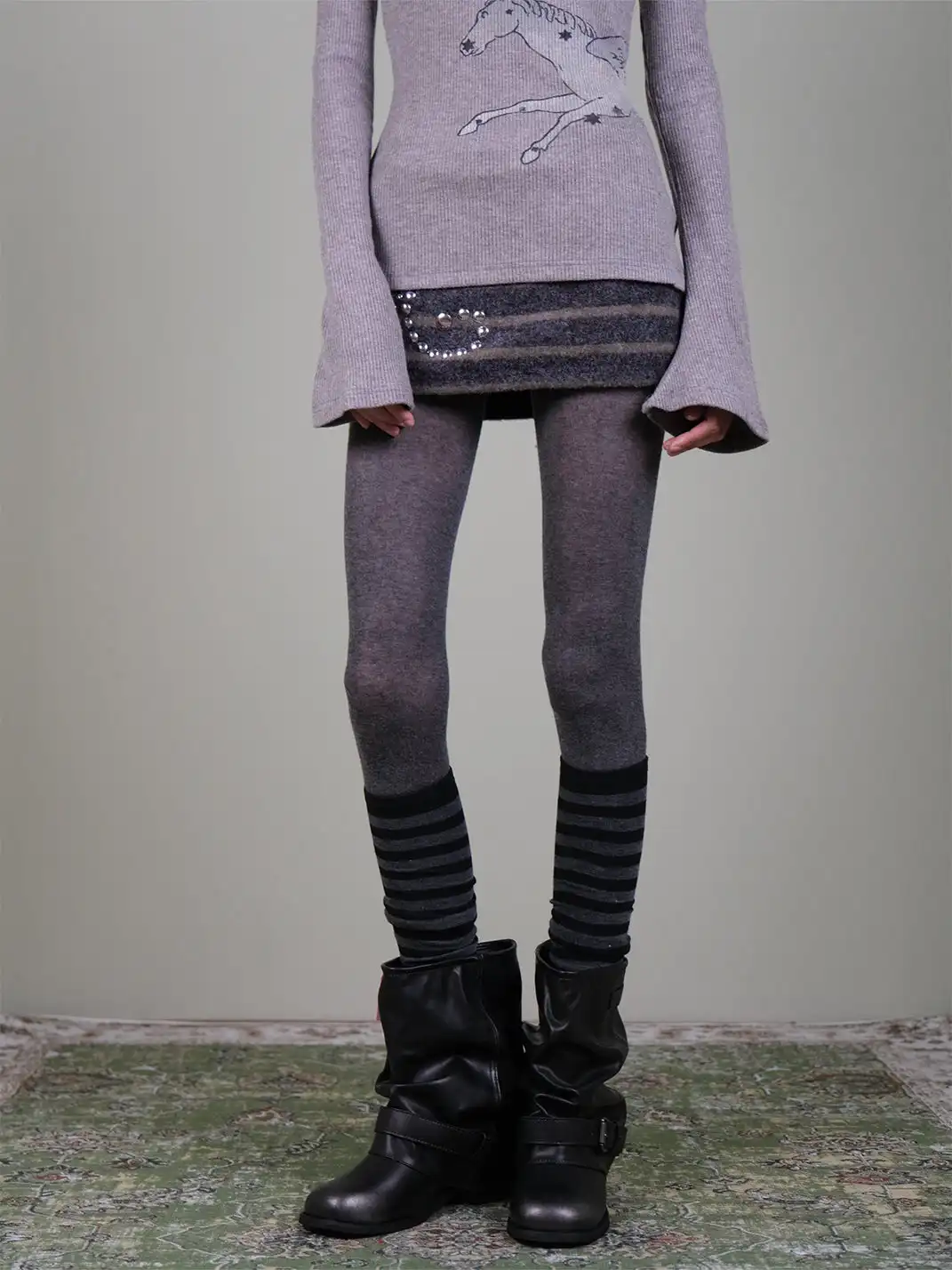 XILING | Dark Gray Tights + Striped Over-the-Knee Socks Combo Set
