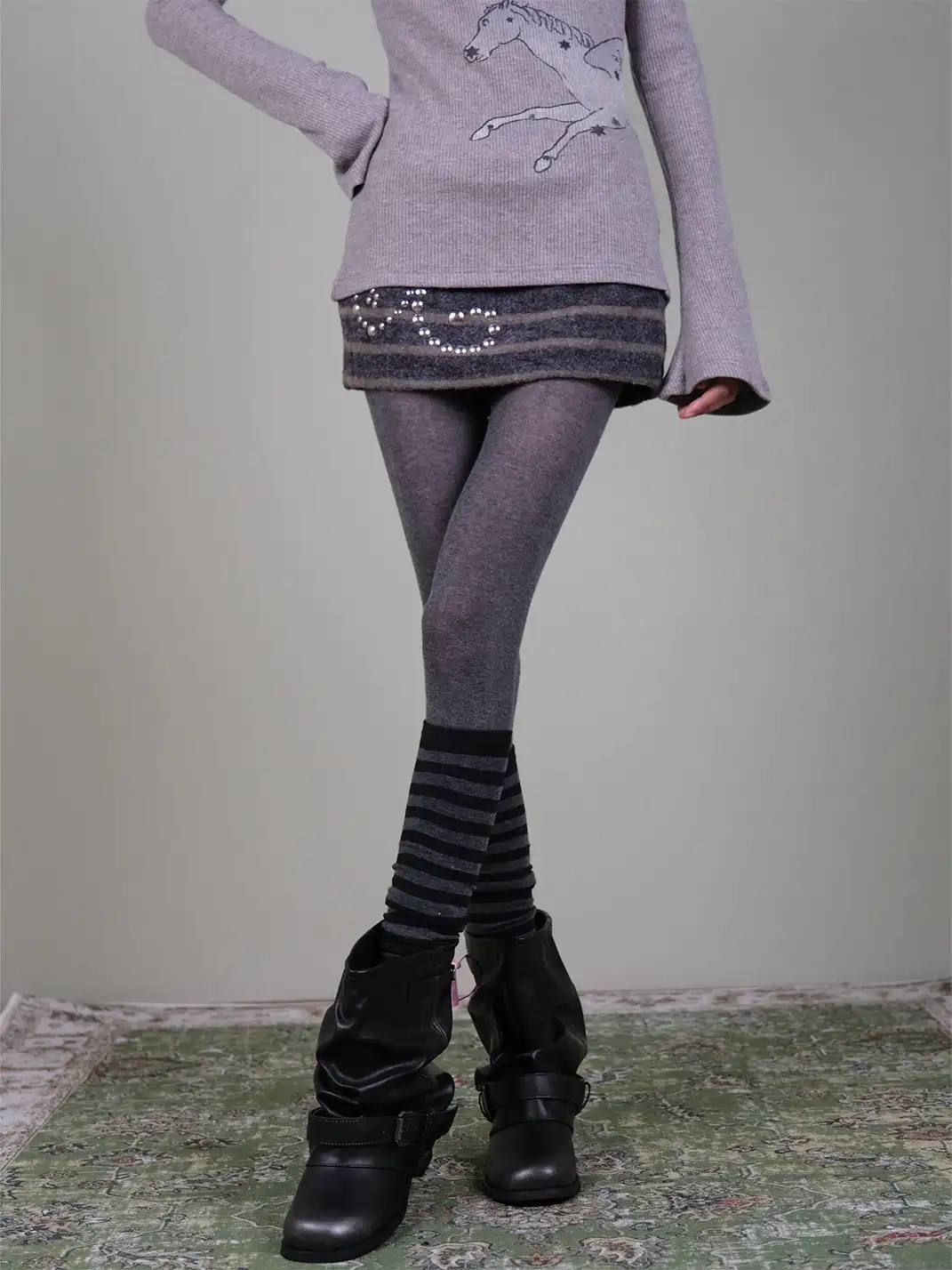 XILING | Dark Gray Tights + Striped Over-the-Knee Socks Combo Set