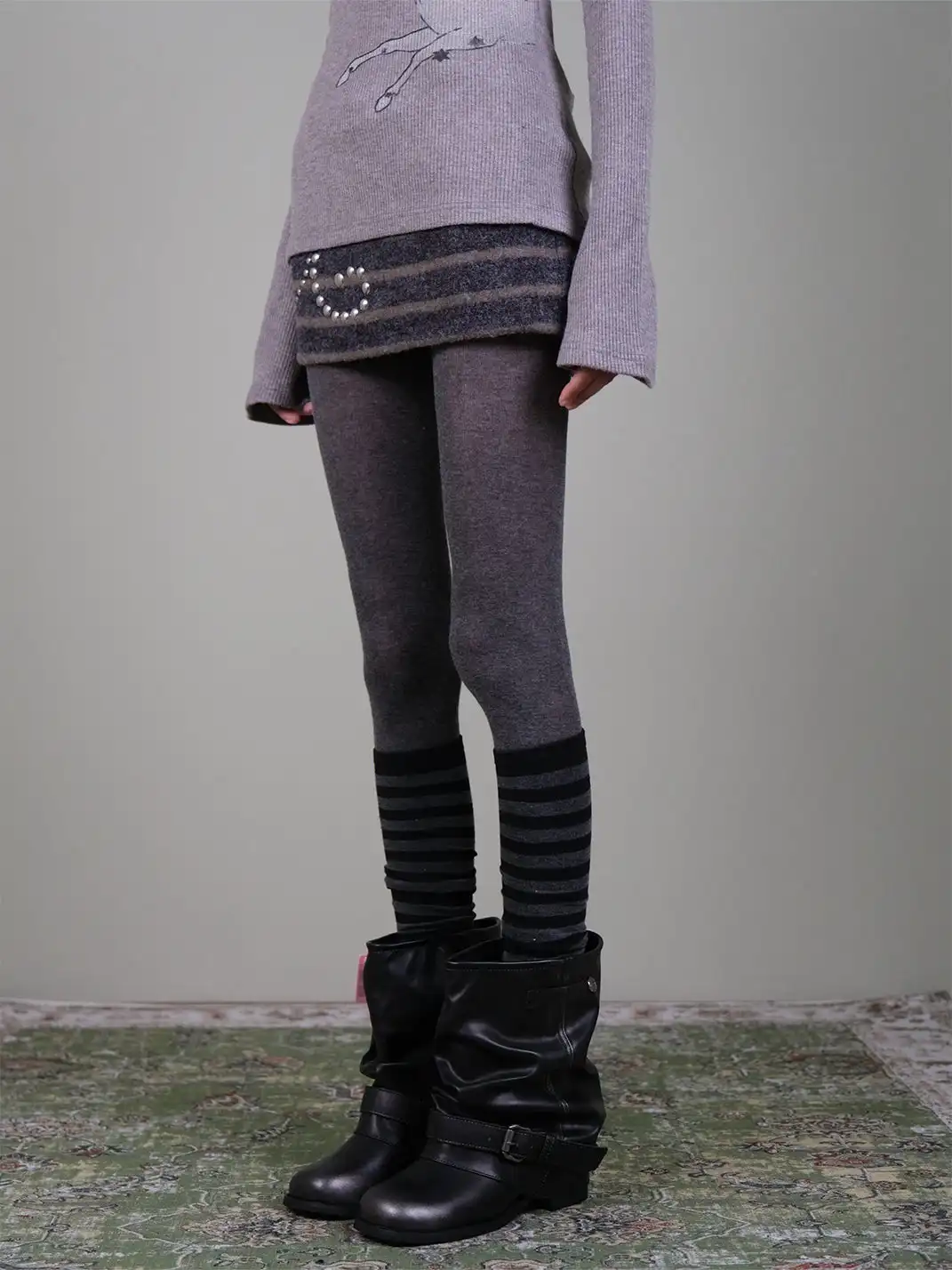 XILING | Dark Gray Tights + Striped Over-the-Knee Socks Combo Set