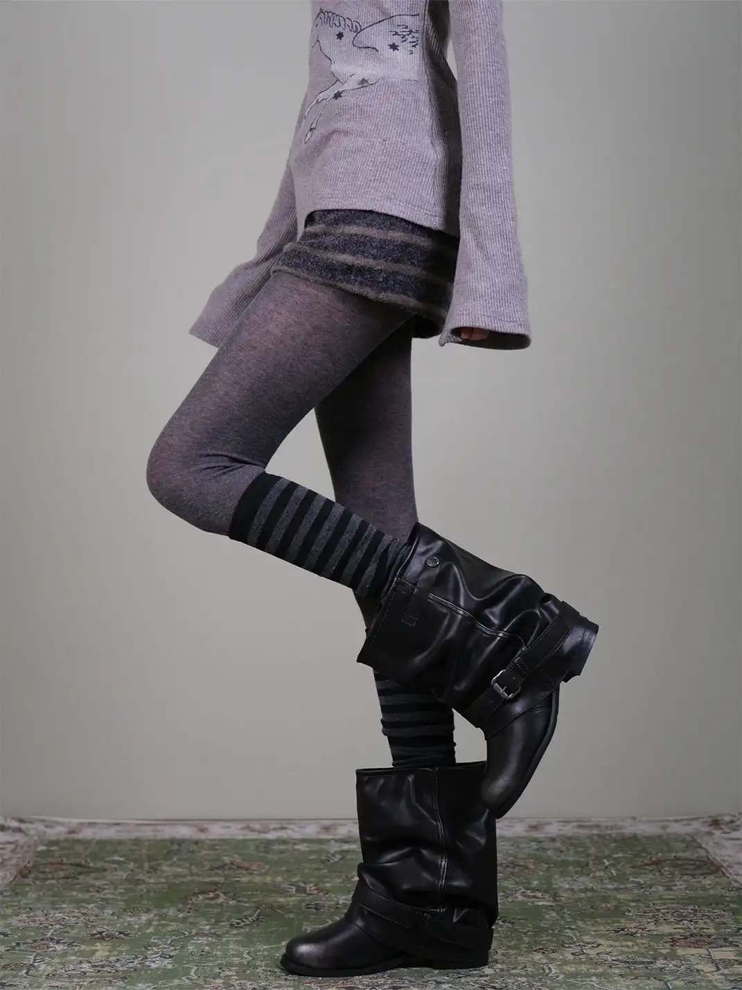 XILING | Dark Gray Tights + Striped Over-the-Knee Socks Combo Set