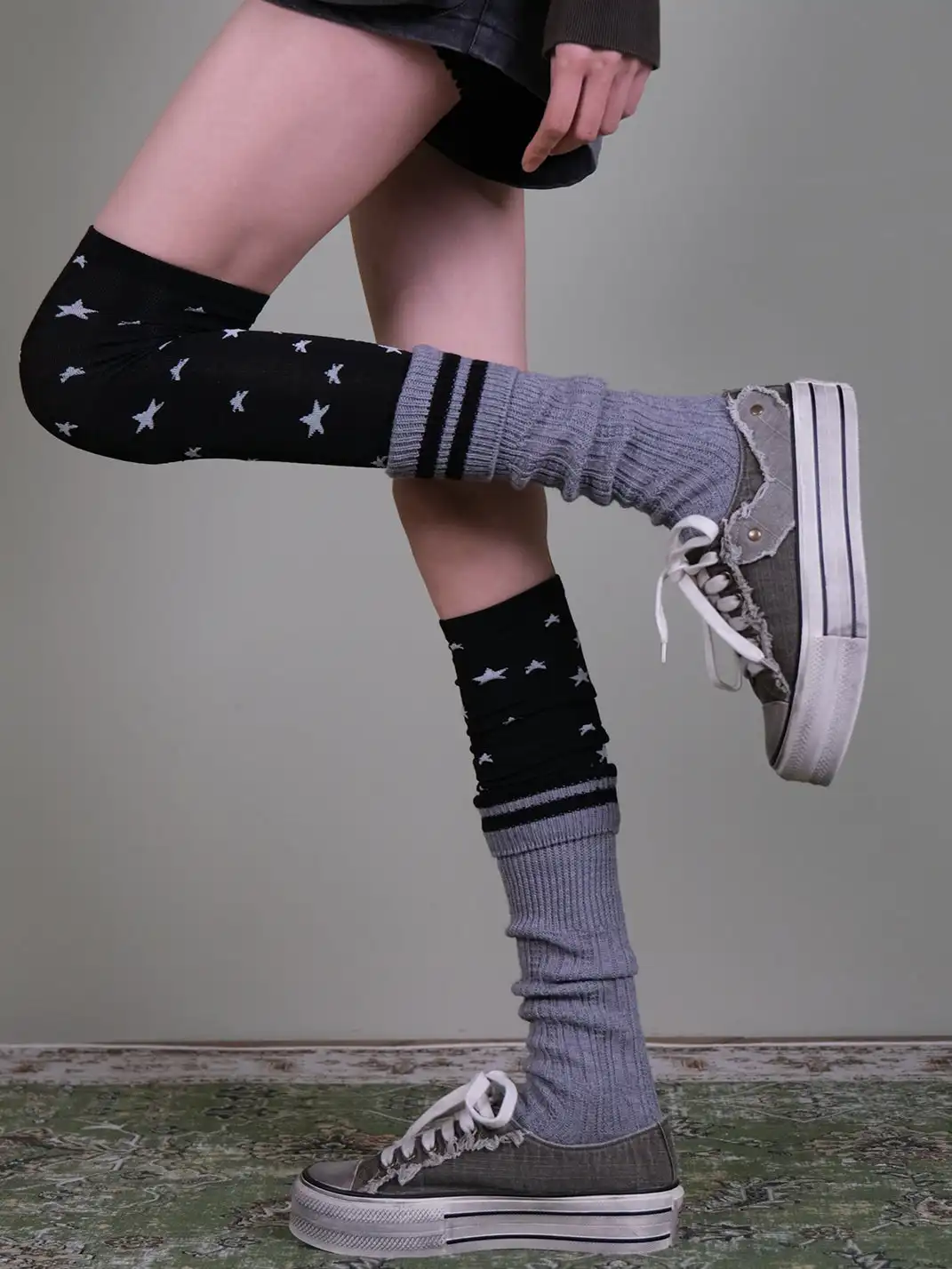 XILING | Star-Patterned Over-the-Knee Socks + Double-Bar Calf Socks Combo Set