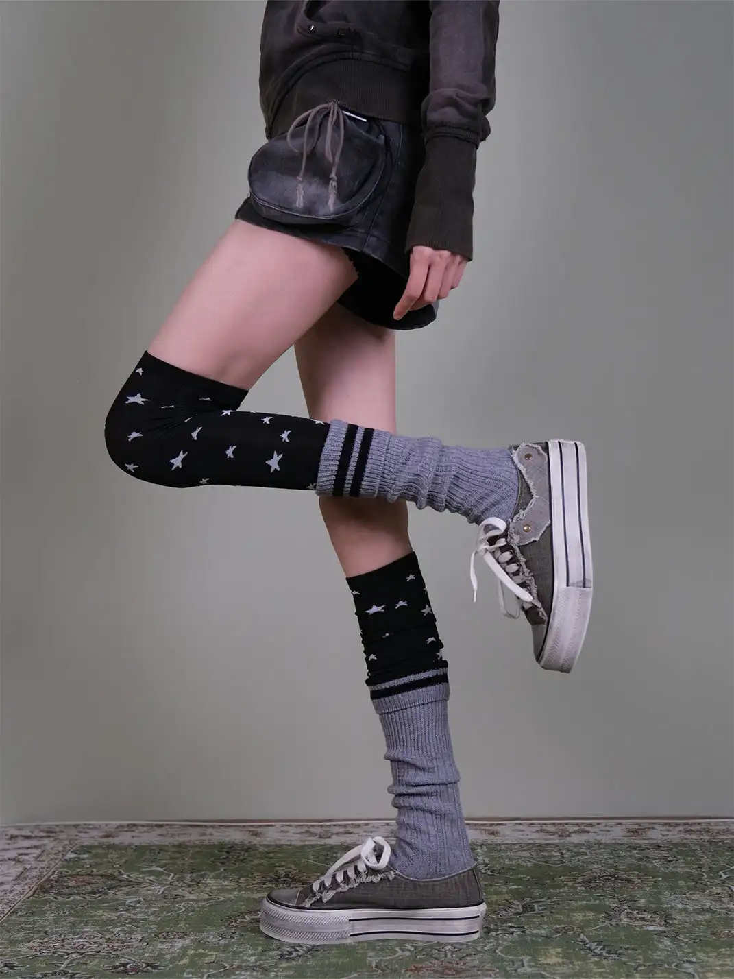 XILING | Star-Patterned Over-the-Knee Socks + Double-Bar Calf Socks Combo Set