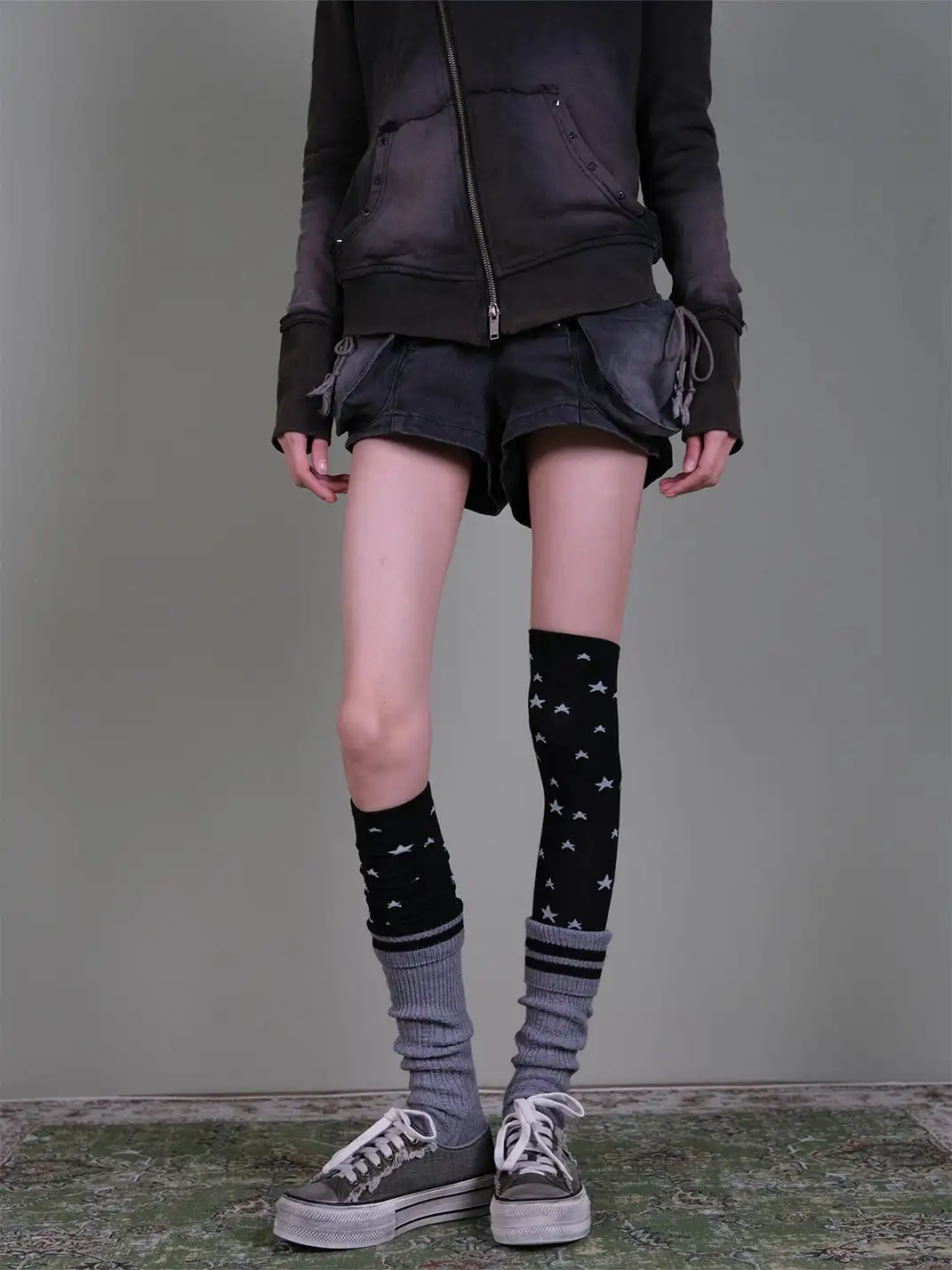 XILING | Star-Patterned Over-the-Knee Socks + Double-Bar Calf Socks Combo Set