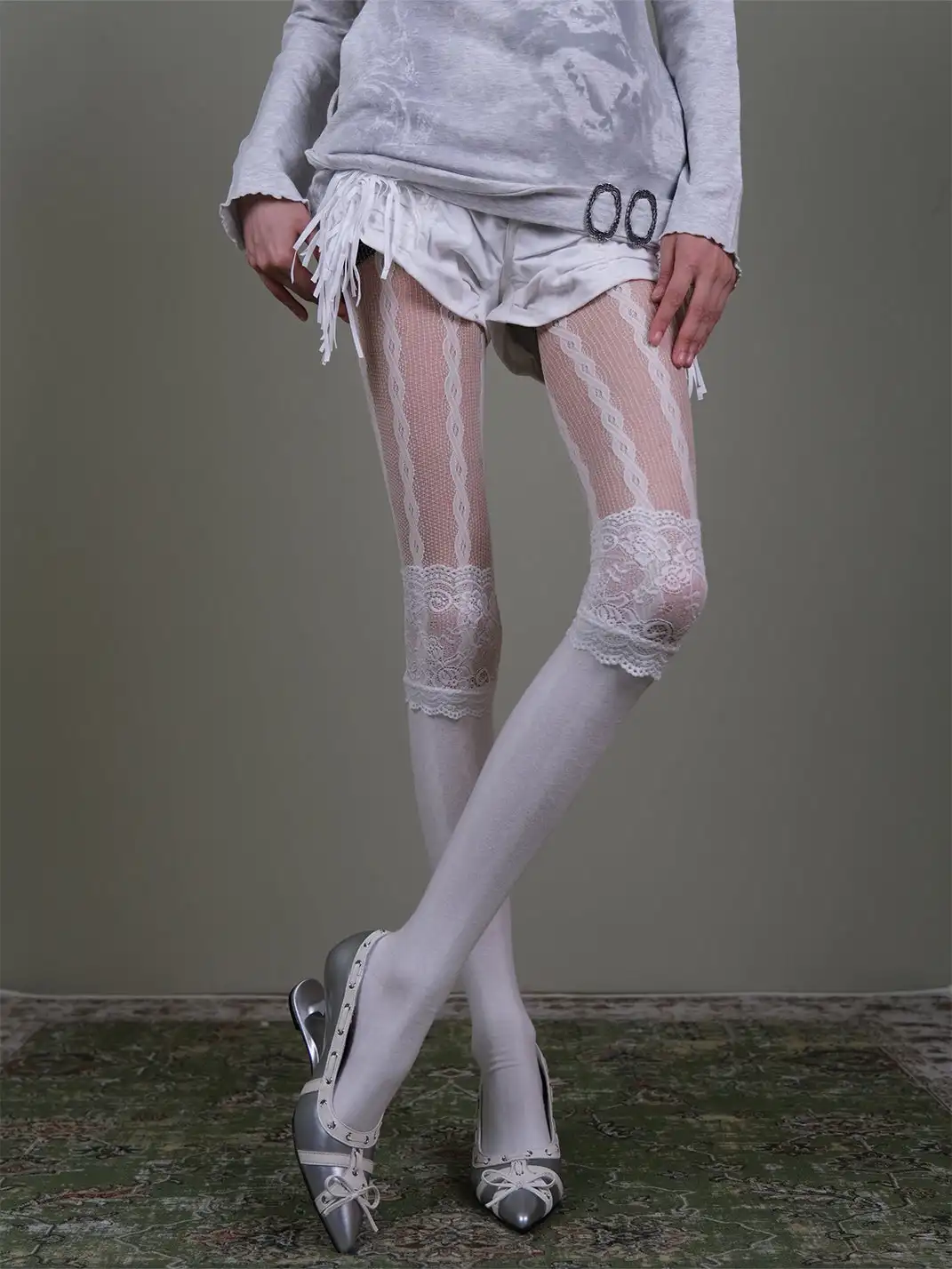 XILING | Fishnet Stockings + Lace-Trimmed Over-the-Knee Socks Combo Set