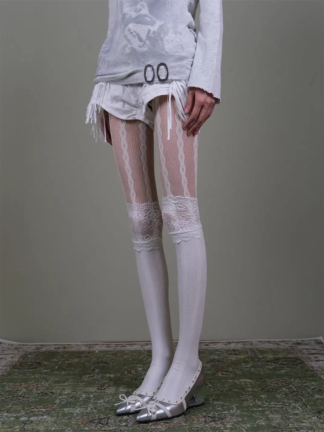 XILING | Fishnet Stockings + Lace-Trimmed Over-the-Knee Socks Combo Set