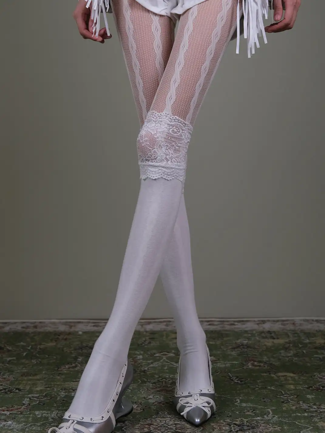 XILING | Fishnet Stockings + Lace-Trimmed Over-the-Knee Socks Combo Set