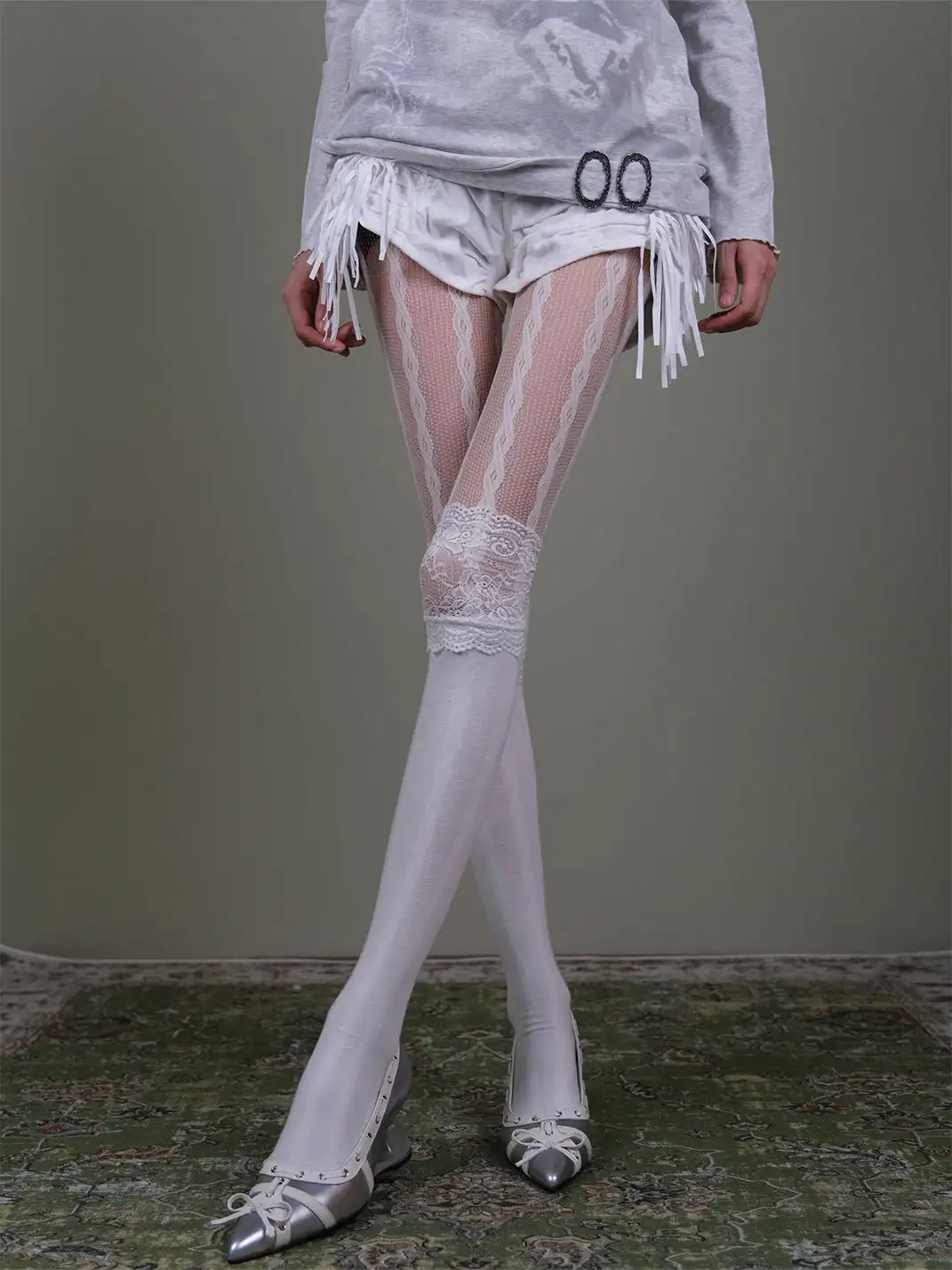 XILING | Fishnet Stockings + Lace-Trimmed Over-the-Knee Socks Combo Set